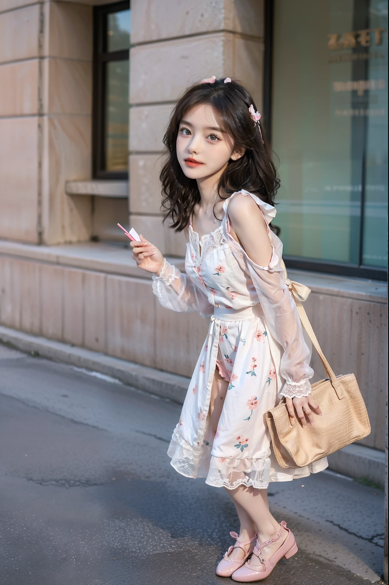 (tmasterpiece, Best quality at best),  Complicated details,, Loli style street style looks are usually cute、freshen、Mainly sweet，In appearance，She usually has a sweet and cute face，May have a round face and big eyes，Makeup is soft and clear，Usually some light peach blush and sweet pink lip gloss。Eye makeup will be mainly fresh and bright eye shadow，With long eyelashes and clear eyebrows。

In appearance，She may be a small person，Petite and delicate，Looks very delicate and cute，It gives people the feeling of being a bird。

In clothing，Loli styles usually like to wear bright colors、Clothes with a strong girly feel such as floral patterns or lace，Maybe choose a pink dress、Skirt or cute suit，Pair with cute accessories like bow hairpins、Lace socks etc.。Ademais，She may choose to match it with flat shoes or very girly Mary Jane shoes。

On makeup，Lolita may emphasize big eyes and pinkish-peach lip color to increase cuteness。

Overall，Loli style street photography looks are usually sweet and cute，appearance、Makeup and clothes emphasize cuteness、Fresh and sweet elements。