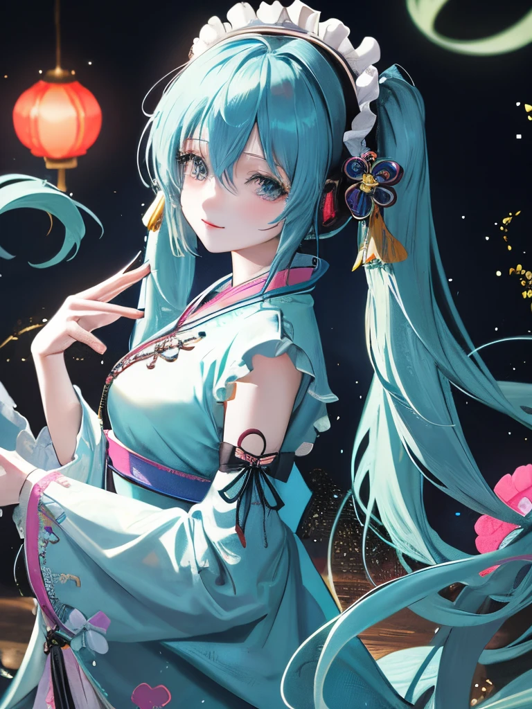 1 girl in、miku hatsune、blue hairs、length hair、up hair、chinese clothes、ta Fashion、Smile、neons