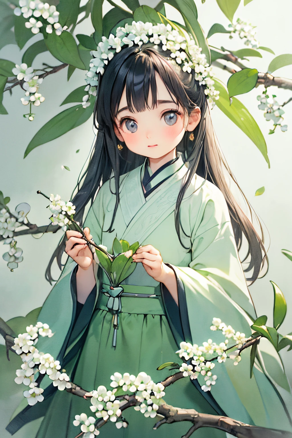 (Best quality at best,actual,realistically:1.37), vibrant lights, beautiful apricot blossom, Highly detailed lips and eyes, The faint fragrance of flowers surrounds the lonely figure, plant femininity,Lily of the valley