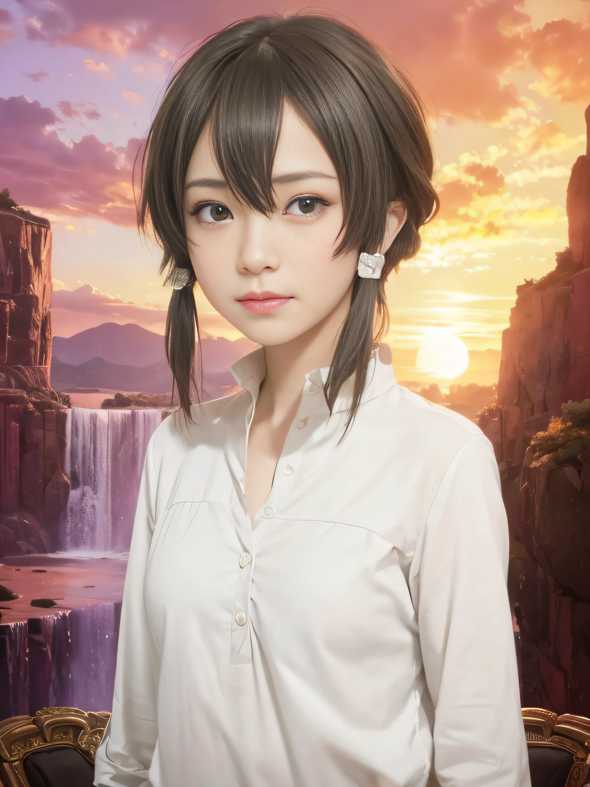 masterpiece, best quality, (realistic, photo-realistic:1.4), (RAW photo:1.2), extremely detailed CG unity 8k wallpaper, delicate and beautiful, amazing, finely detail, official art, absurdres, incredibly absurdres, huge filesize, ultra-detailed, extremely detailed, extremely detailed girl, extremely detailed eyes and face, light on face,little smile,short hair,garden,hair ribbon,shino asada,hair ornament,white ribbon,sunset,hill,black hair