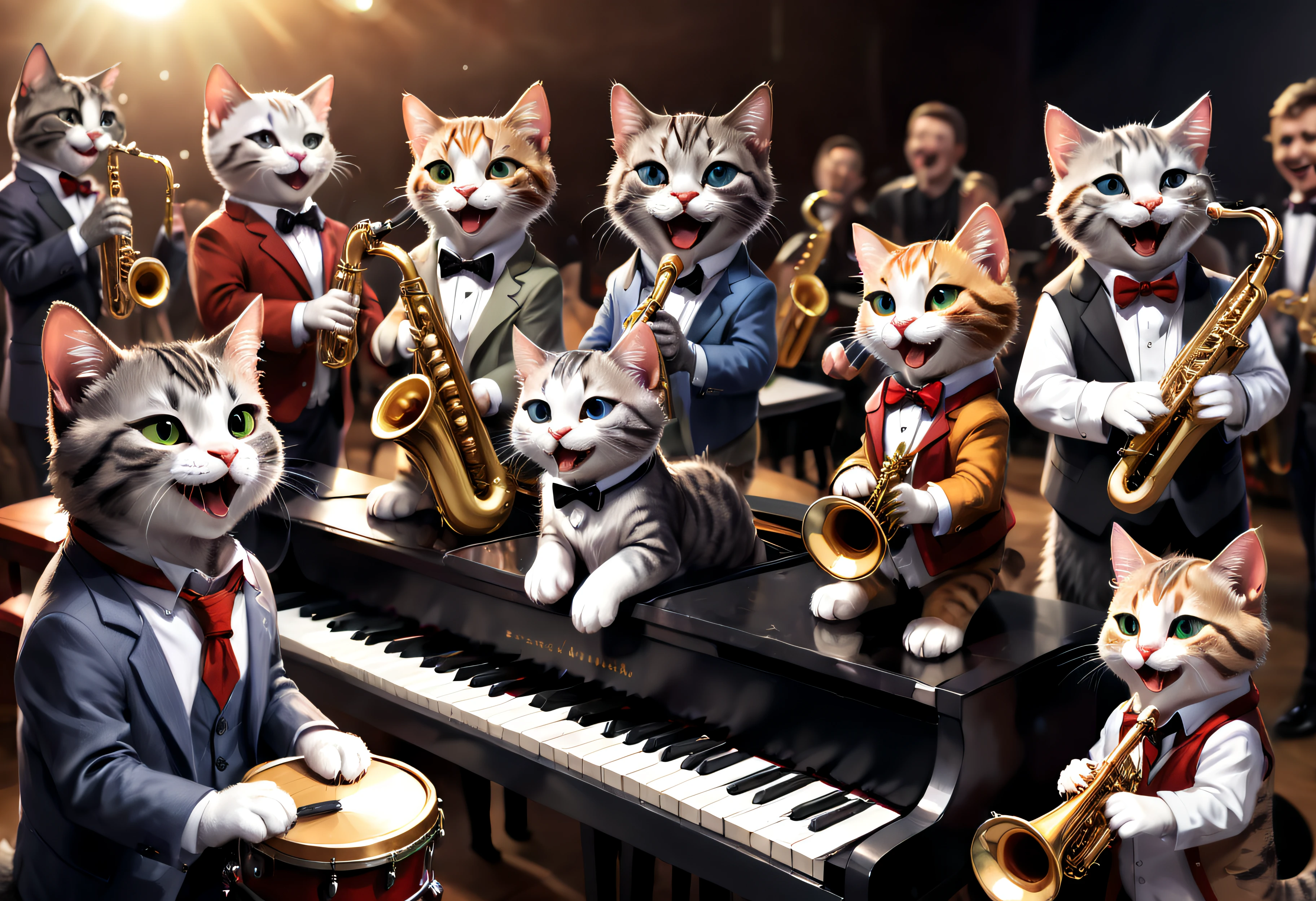 cute and happy, many cats, with clothes on, one playing piano, one playing saxophone, one playing drums, one playing trumpet, during a concert, realistic, large angle of view