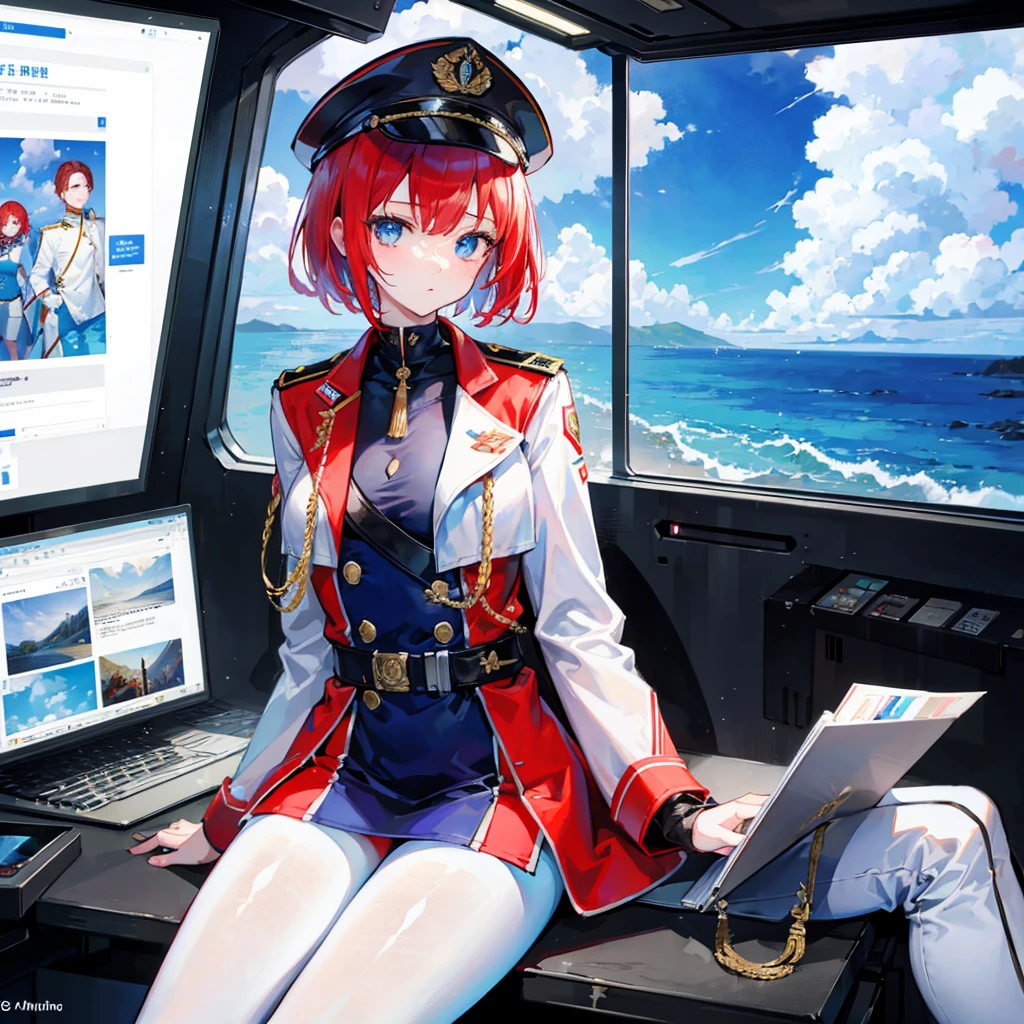 ((masterpiece))、((Top image quality))、((Top image quality))、(Illustration of one girl)、full bodyesbian、((25-years old))、Red-haired shorthair、(Thin hair hanging down both sides of the face)、Blue eyes、((neuter))、((Tall))、((Muscular and strong body))、((manspreading))、opening legs、((Military uniforms))、((Military Cap))、((Military coat))、(white clothes)、(White pants)、(White cap)、trench coat、((Inside the spaceship、Sitting in the captain's seat))、(Outside the window、kosmos、Earth seen from space、Spaceport)