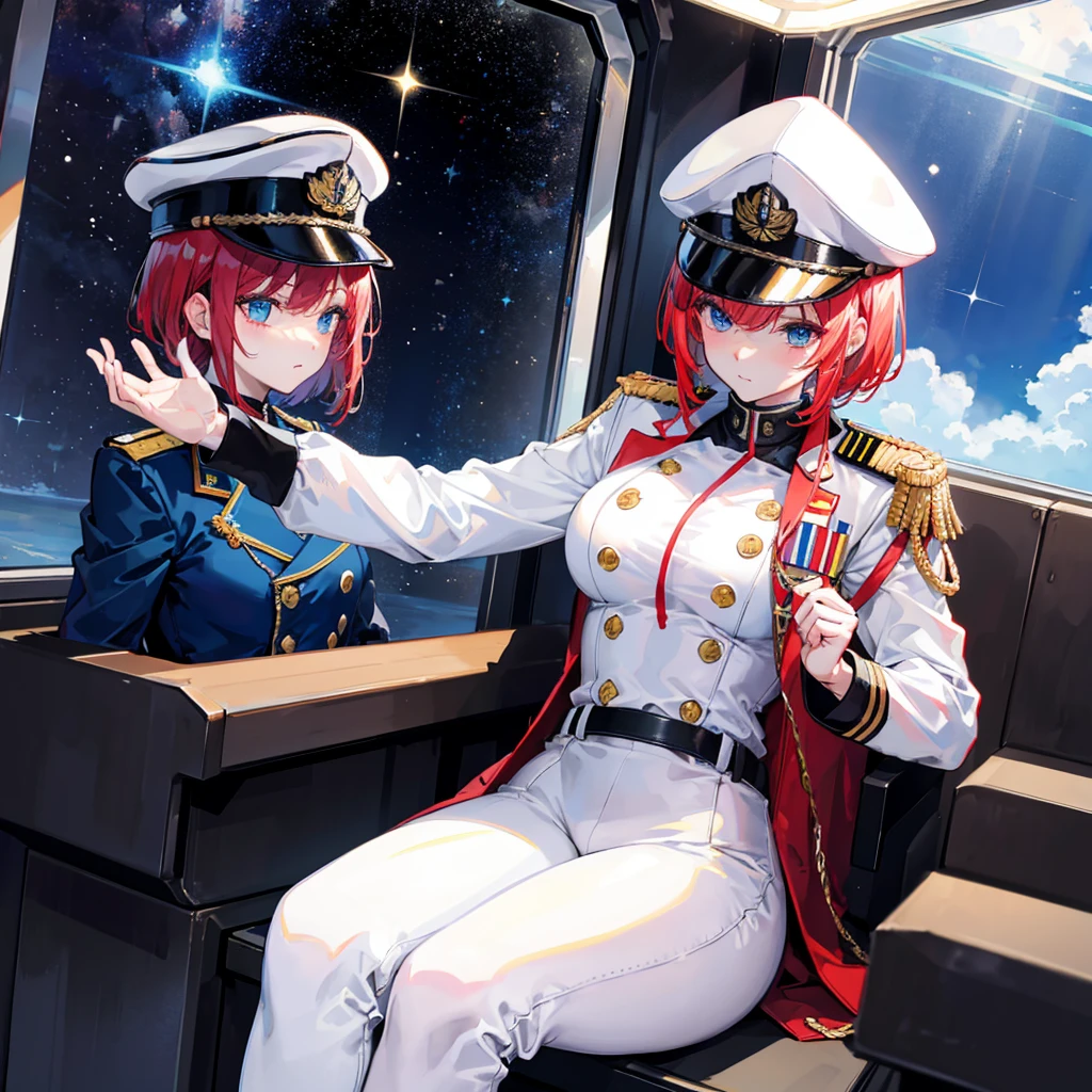 （（​masterpiece））、（（Top image quality））、（（Top image quality））、（Illustration of one girl）、full bodyesbian、（（25-years old））、Red-haired shorthair、（Thin hair hanging down both sides of the face）、Blue eyes、（（neuter））、（（Tall））、（（Muscular and strong body））、（（manspreading））、opening legs、（（Military uniforms））、（（Military Cap））、（（Military coat））、（white  clothes）、（White pants）、（White cap）、trench coat、（（Inside the spaceship、Sitting in the captain's seat））、（Outside the window、kosmos、Earth seen from space、Spaceport）