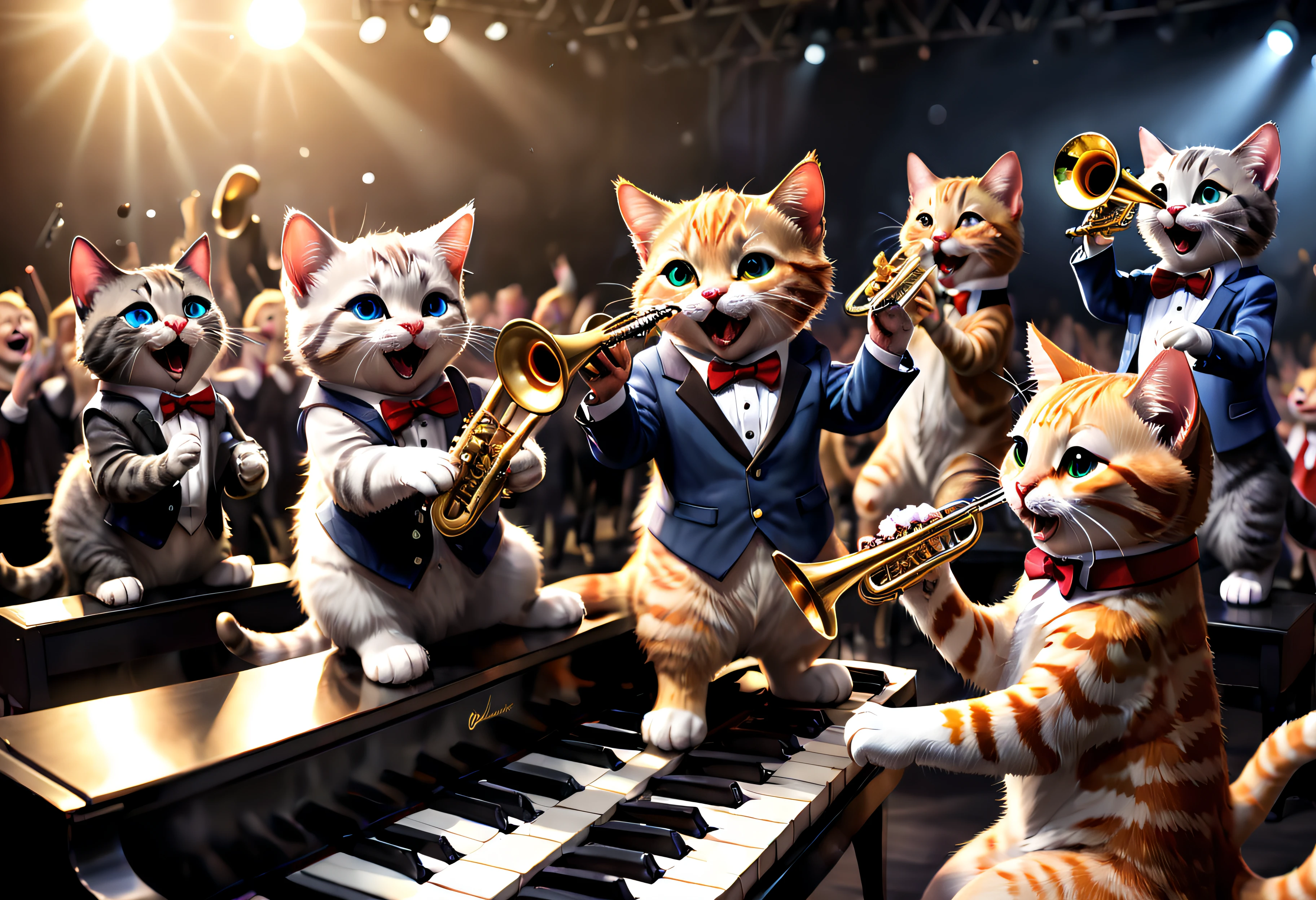 Many cute and happy cats, all wearing adorable clothes, performing in a concert. One cat is playing the piano with great skill, while another one is playing the saxophone, filling the air with beautiful melodies. Another cat is skillfully playing the drums, adding a lively rhythm to the performance. And finally, there's a cat playing the trumpet, their notes soaring high and energizing the crowd. The concert scene is realistic, with a large angle of view that captures the stage and the enthusiastic audience. The lighting is vibrant, illuminating the cats and creating a lively atmosphere. The overall image quality is of the best, with ultra-detailed features and vivid colors that bring the scene to life.