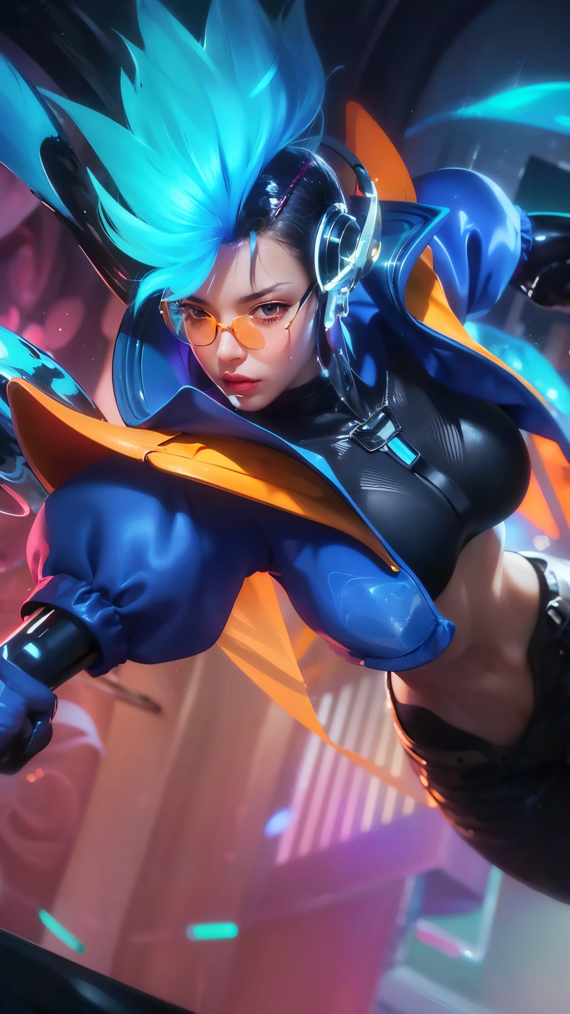 (8k, RAW photo, photorealistic:1.25) ,( lipgloss, eyelashes, gloss-face, glossy skin, best quality, ultra highres, depth of field, chromatic aberration, caustics, Broad lighting, natural shading,) looking at viewer with a serene and goddess-like happiness, wearing transparent orange glasses