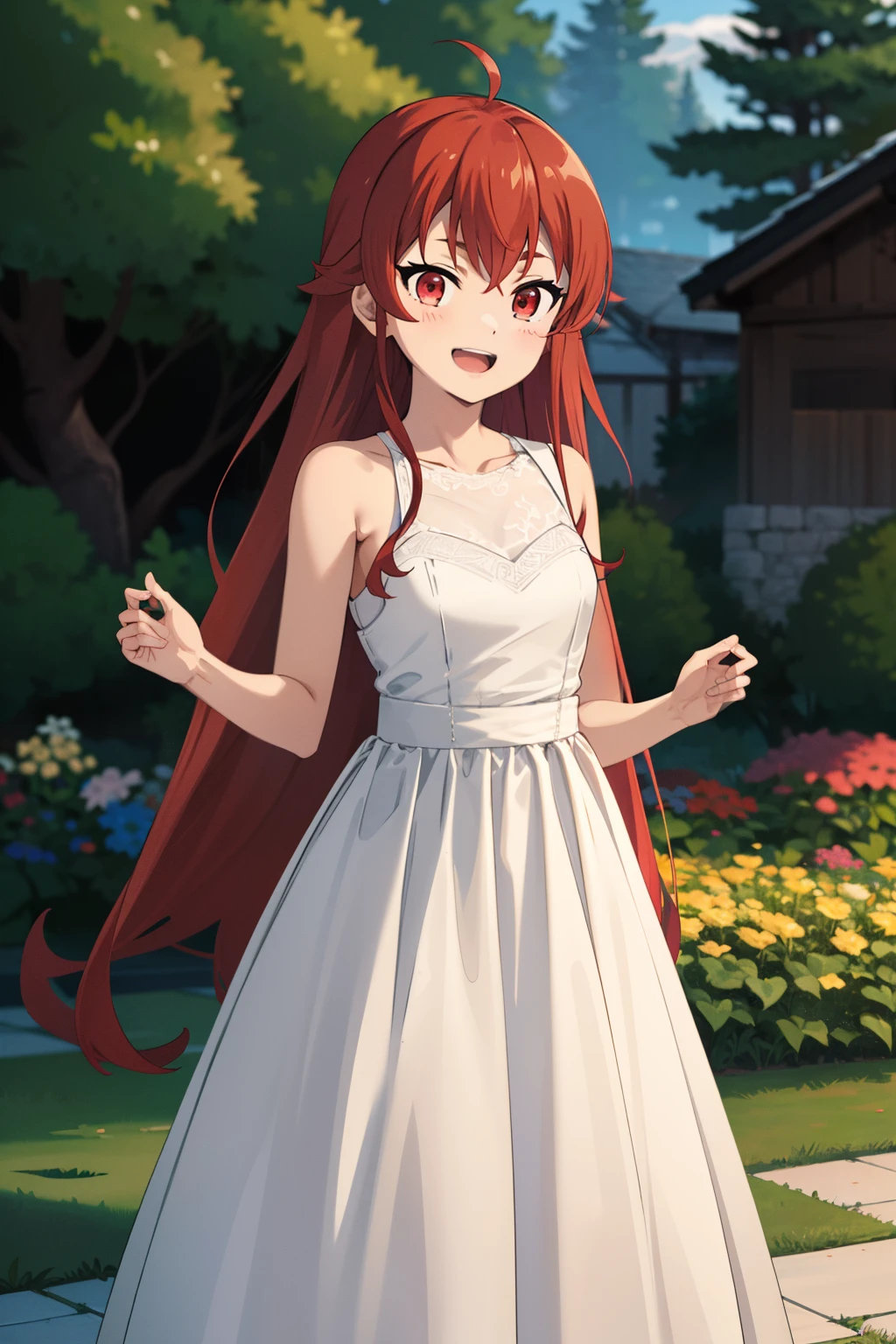 Erotic, nsfw, 18+, masterpiece, best quality, highres, aarurutie,1girl, wedding dress, white dress, standing, garden, smile, open mouth, long braid red hair, red eyes