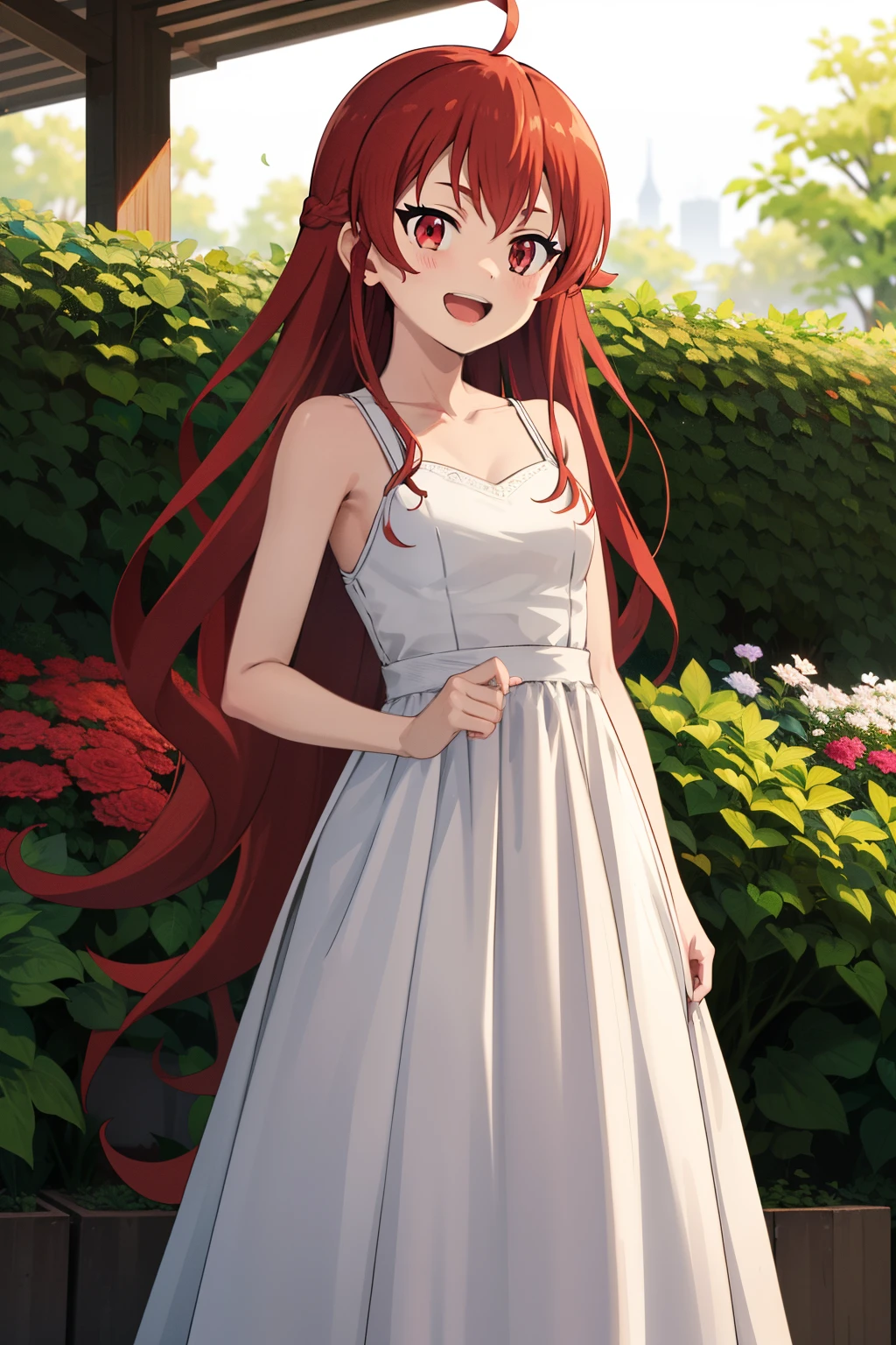 Erotic, nsfw, 18+, masterpiece, best quality, highres, aarurutie,1girl, wedding dress, white dress, standing, garden, smile, open mouth, long braid red hair, red eyes