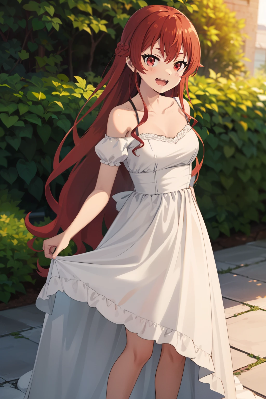 Erotic, nsfw, 18+, masterpiece, best quality, highres, aarurutie,1girl, wedding dress, white dress, standing, garden, smile, open mouth, long braid red hair, red eyes