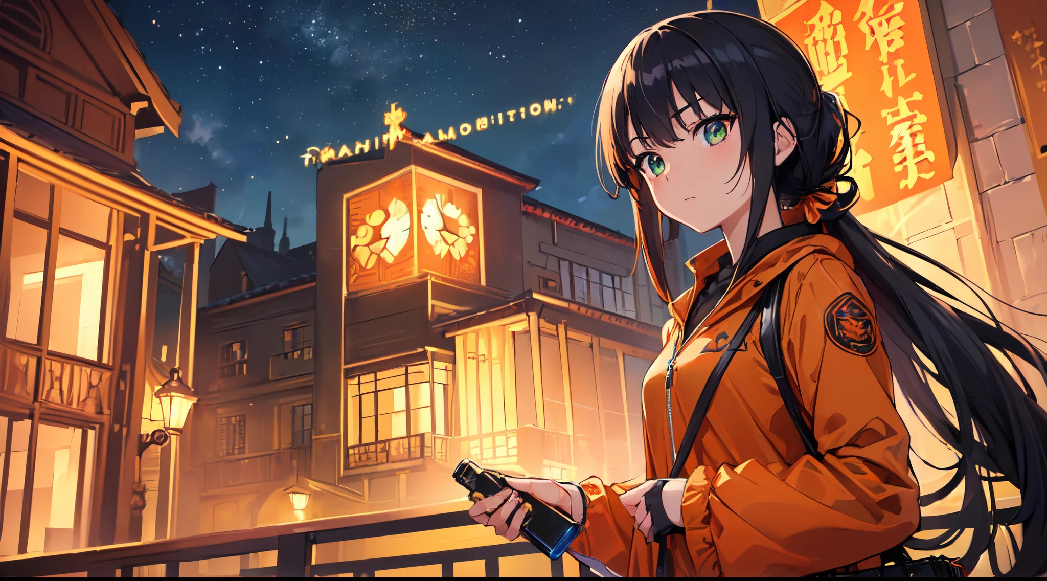 ((Masterpiece, Highest quality)), Detailed face, isekai anime, ((beautiful detailed girl), a girl, wearing ((orange assassin suit)), long ponytail hair, black hair, holding a beautiful decorated bag, pretty green eyes. High Balance, Natural light, under night sky decoration) . anime style, key visual, vibrant, studio anime, highly detailed