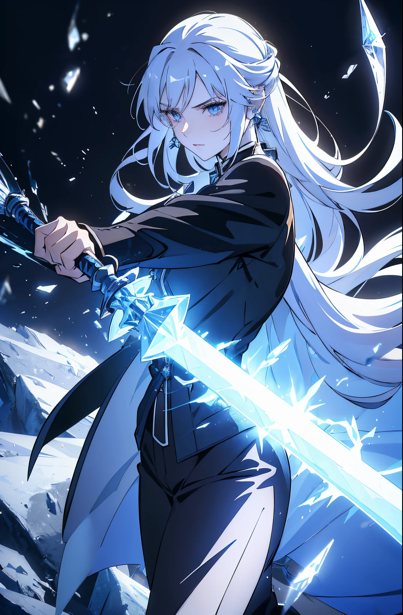 a woman, young, 19 years old, swordsman, long white hair, skin as white as snow, cold gaze, blue eyes like crystal, black sweater, black pants, cape, a crystal sword, earring in her ear, background with blue lights.