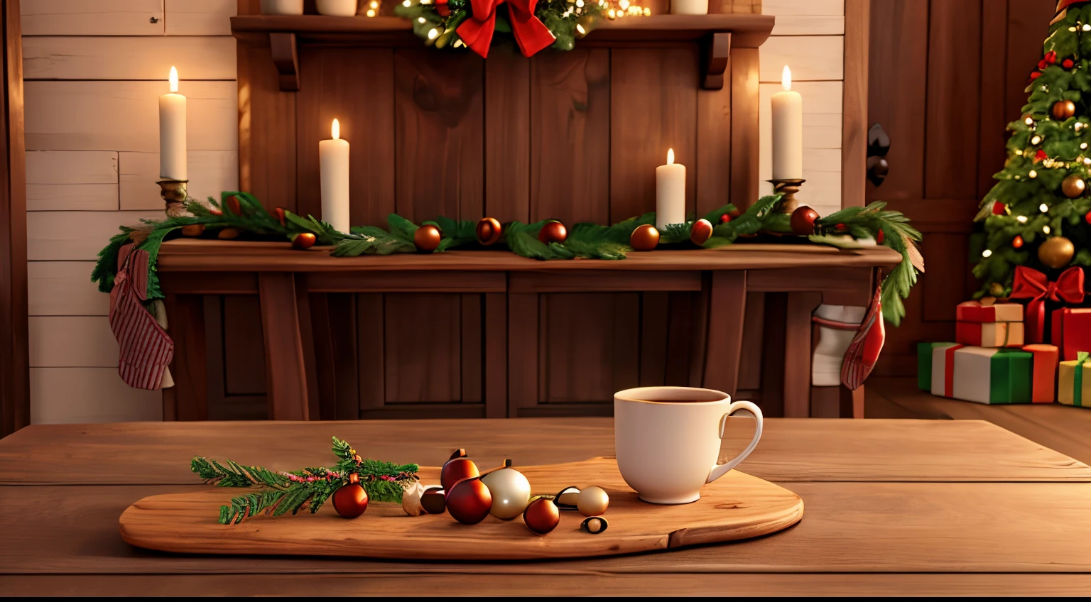 Empty wooden table with christmas theme in background