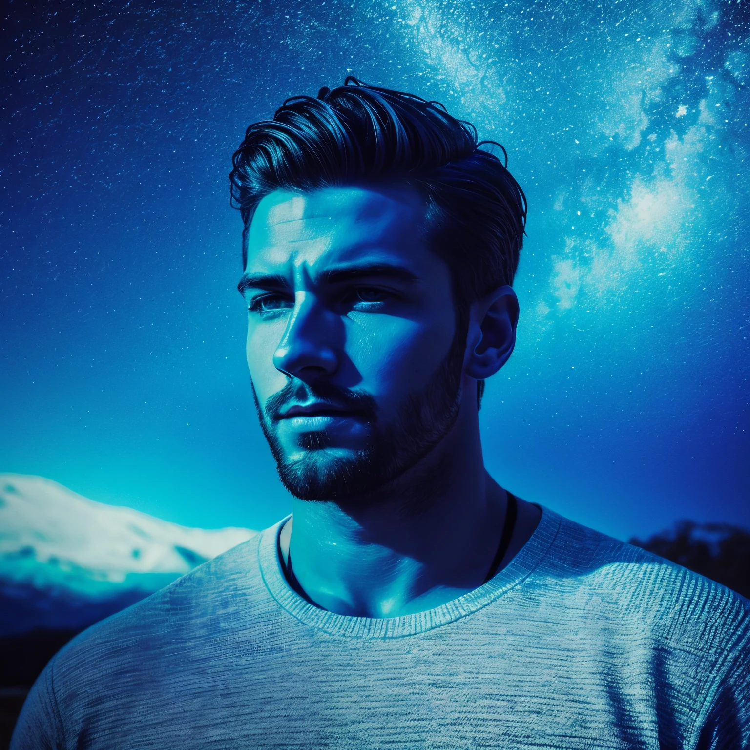 Insanely handsome man in the style of experimental photography, blue, expanded portraiture, printed matter, uhd image, color light saturated, outdoor scene