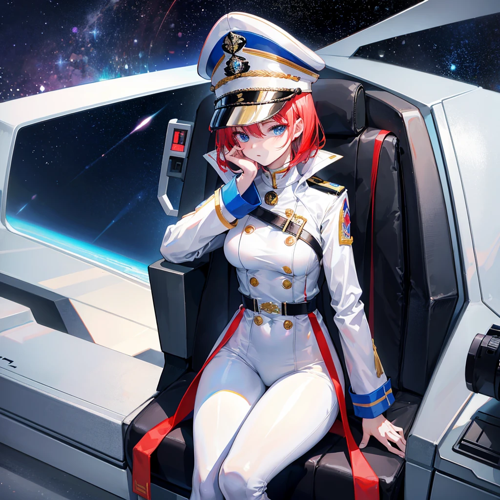 （（（​masterpiece）））、（（（Top image quality）））、（（（top-quality）））、（Illustration of one woman）、full bodyesbian、（（25-years old））、Red-haired shorthair、（Thin hair hanging down both sides of the face）、Blue eyes、（（neuter））、（（Tall））、（（Muscular and strong body））、（（manspreading））、opening legs、（（Military uniforms））、（（Military Cap））、（（Military coat））、（white  clothes）、（White pants）、（White cap）、trench coat、（（Inside the spaceship、Sitting in the captain's seat））、（Outside the window、kosmos、Earth seen from space、Spaceport）