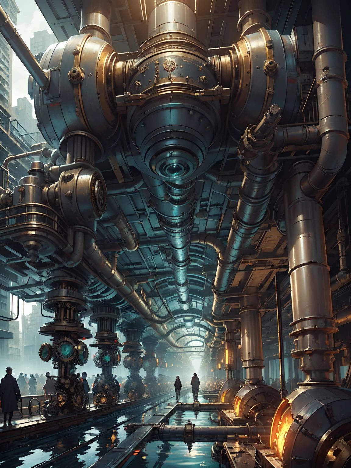 (((steampunk))),city,(((crowded buildings))),exposed gears and pipes,(((dim light))),submerged ground,((gears)),((thick pipes)),covered bridge,The perspective is from the bottom up, reflecting the height of the building,dark weather,smoking chimneys,(((mechanical devices))),((staggered wires)),crowded city,irregular buildings