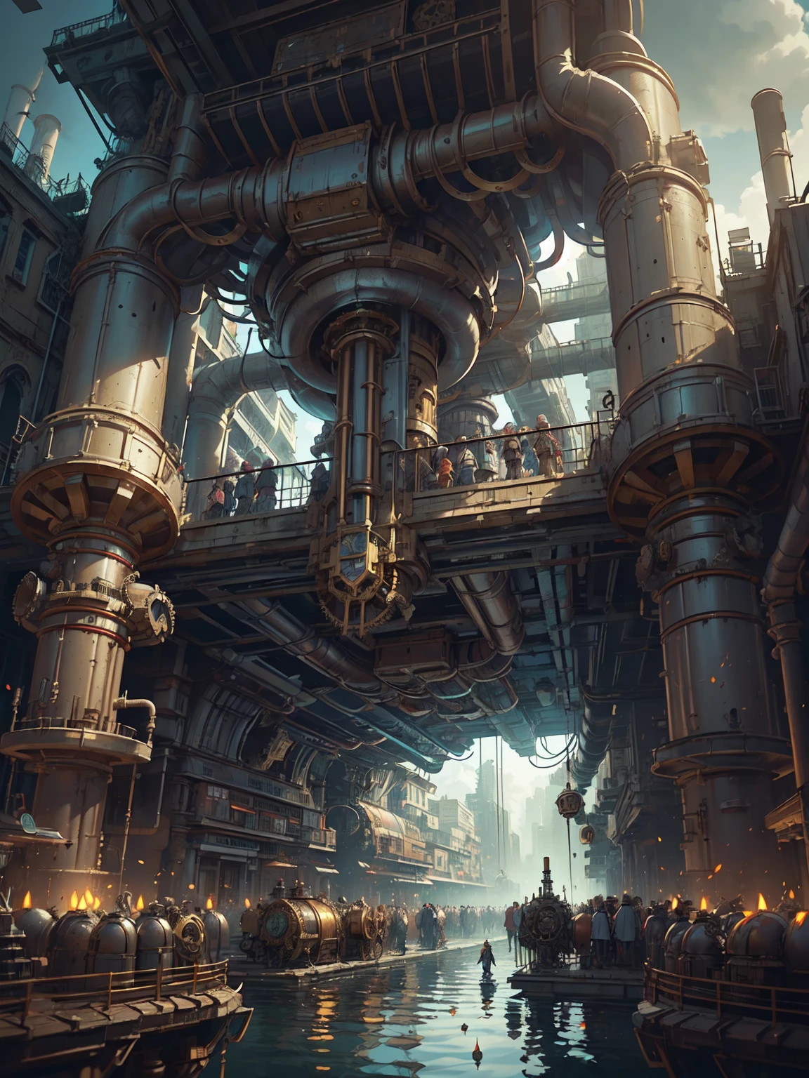 (((steampunk))),city,(((crowded buildings))),exposed gears and pipes,(((dim light))),submerged ground,((gears)),((thick pipes)),covered bridge,The perspective is from the bottom up, reflecting the height of the building,dark weather,smoking chimneys,(((mechanical devices))),((staggered wires)),crowded city,irregular buildings