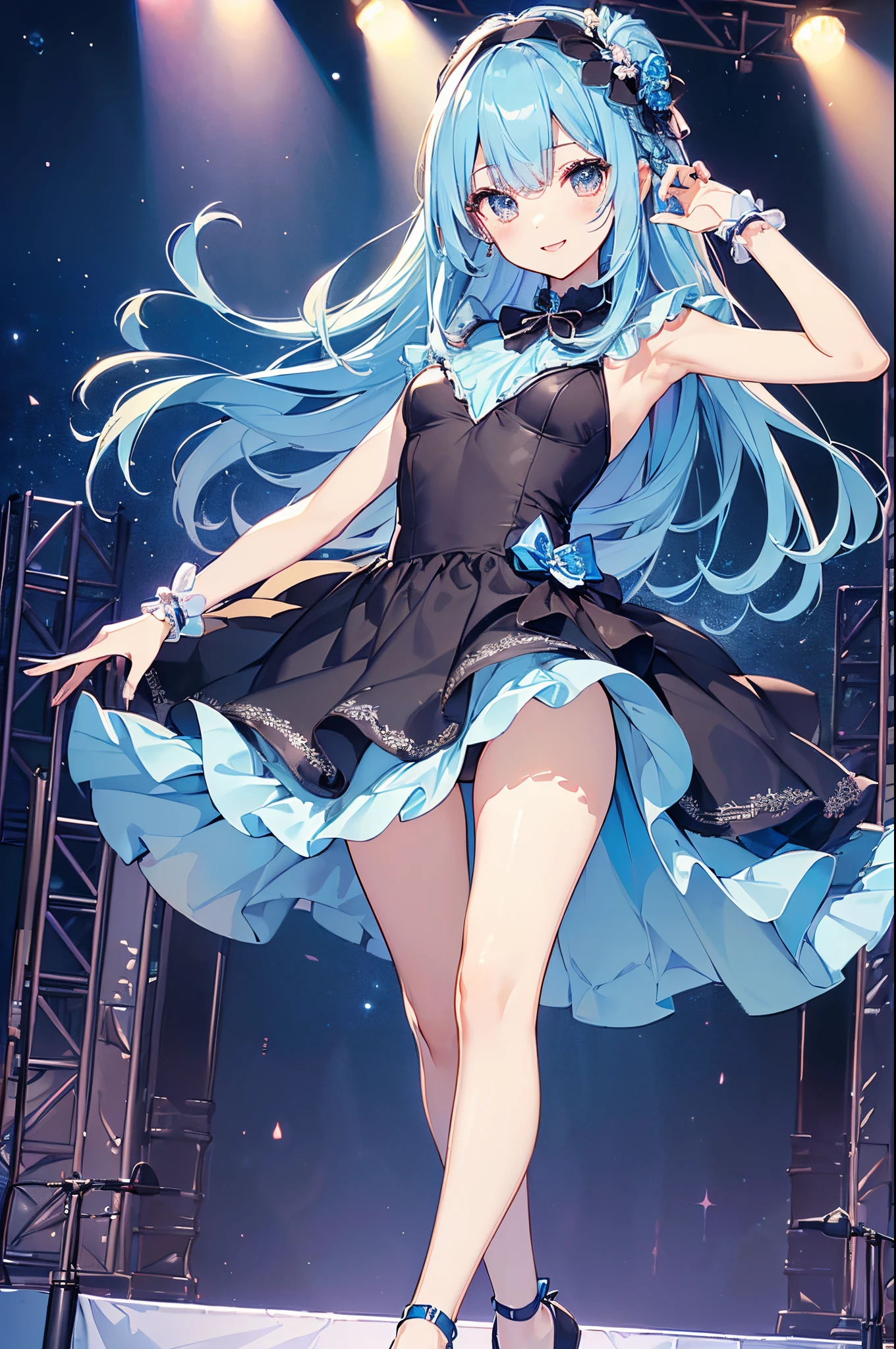 ((2D beautiful girl、top-quality:1.3、Perfect fingers:1.2、perfect anatomia:1.2、Dress perfectly、face perfect:1.1、Beautiful illustration))、(transform sequence)、((cute decorative headbands、Idol costume style leotard)、years、Solio、hime、Fractal Art、baace、(ight long hair))、(Slender and beautiful legs)、big drooping eyes、(full body photographed:1.1、Long Shot Photography)、((1 persons))、outdoor stage under blue sky、Happy smiling face、