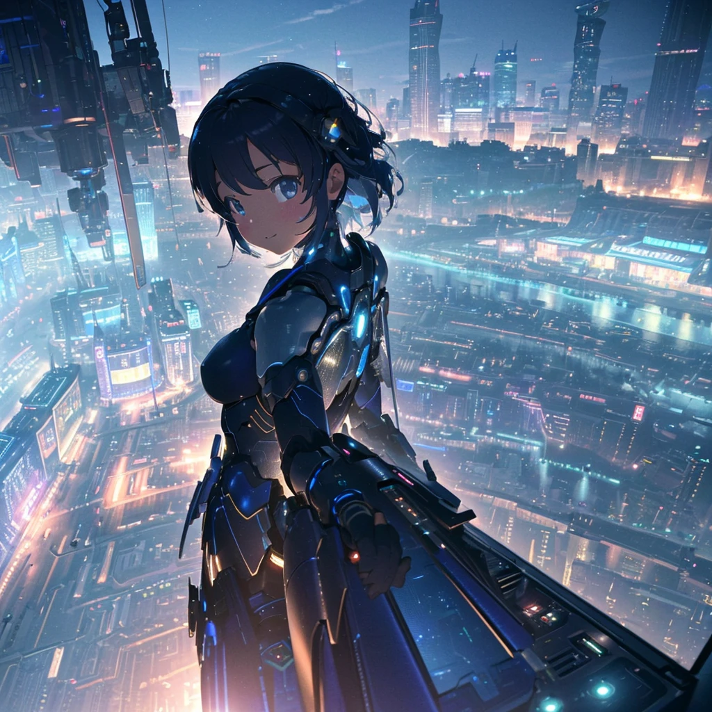 (From directly above、birdseye view)Best AI Image Generation Creator、Good anatomy，​masterpiece、top-quality、1girl in、Happiness、A smile、Futuristic cities、kirakira、Raise one hand、Angle from directly above、Spread wings