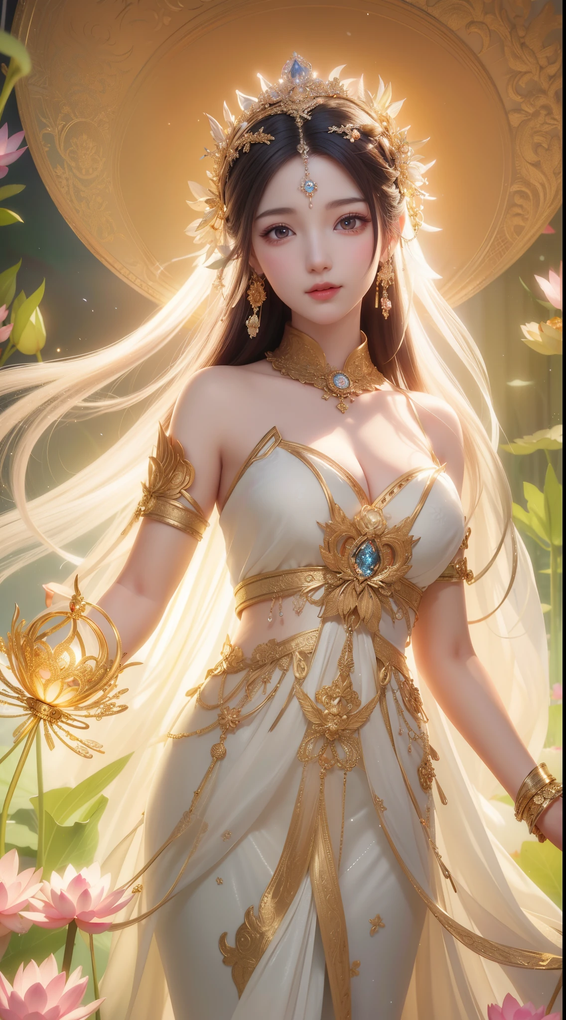 Arahed statue of a woman in a white dress with a crown and a lotus flower, gilded lotus princess, ross tran 8 k, standing gracefully upon a lotus, a beautiful fantasy empress, alphonse mucha and rossdraws, by Li Song, by Yang J, a stunning portrait of a goddess, goddess portrait, ethereal beauty, Goddess. extremely high detail