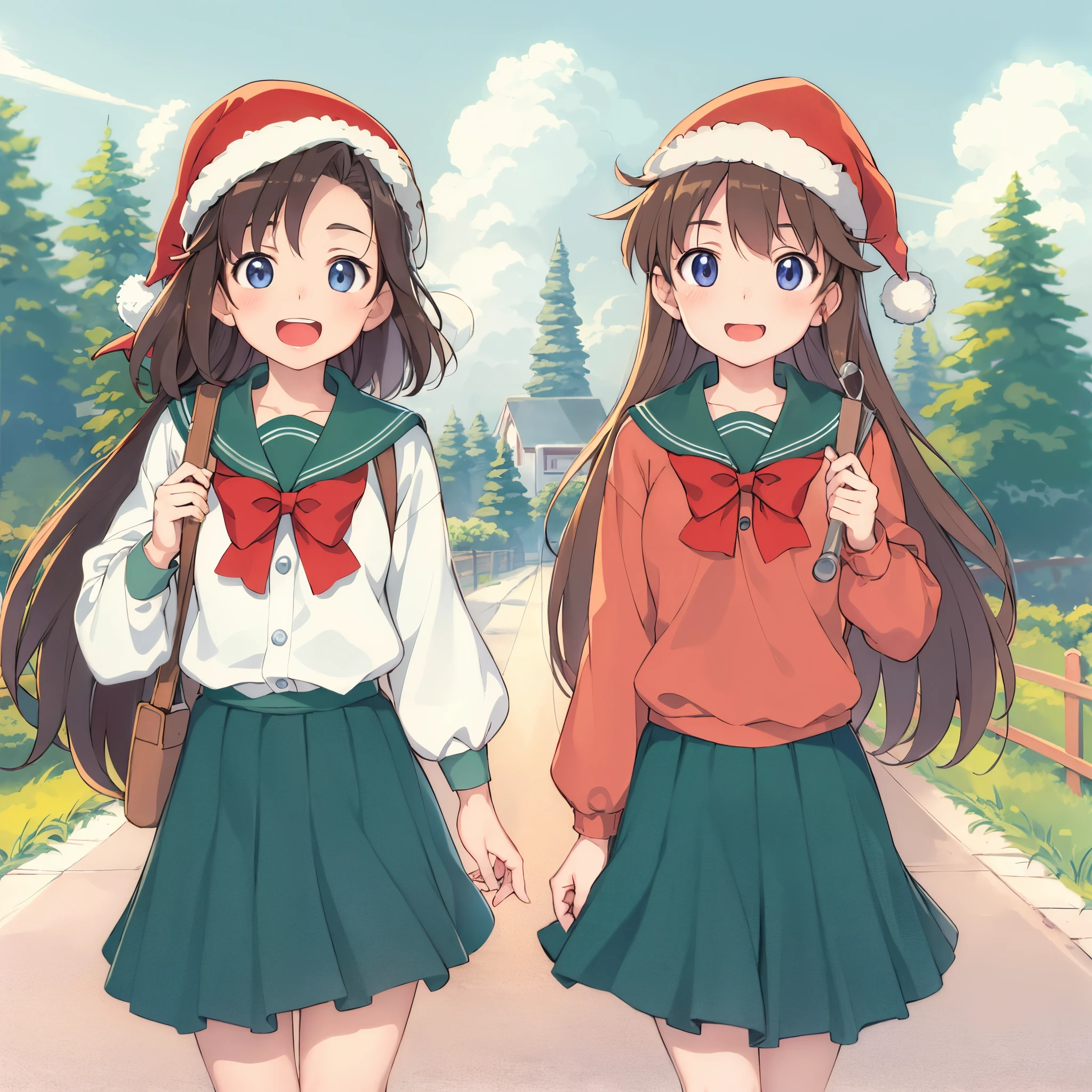 (Raw photo:1.2), (Photorealistic), Beautiful detailed girl, Very detailed eyes and face, Beautiful detailed eyes, Huge file size, High resolution, Very detailed, Best Quality, [masutepiece:1.6], Illustration, Very detailed, Fine detail, Best Quality, 8K Wallpaper, Movie Lighting,15-year-old female student, Two anime girls wearing Santa Claus style uniforms walking down the street, by Miyazaki, Studio Ghibli, high quality anime movie still, miyazaki's animated film, miyazaki film, style in ghibli anime, Anime Girls, style in ghibli anime style, Miyazaki style, Miyazaki Movies