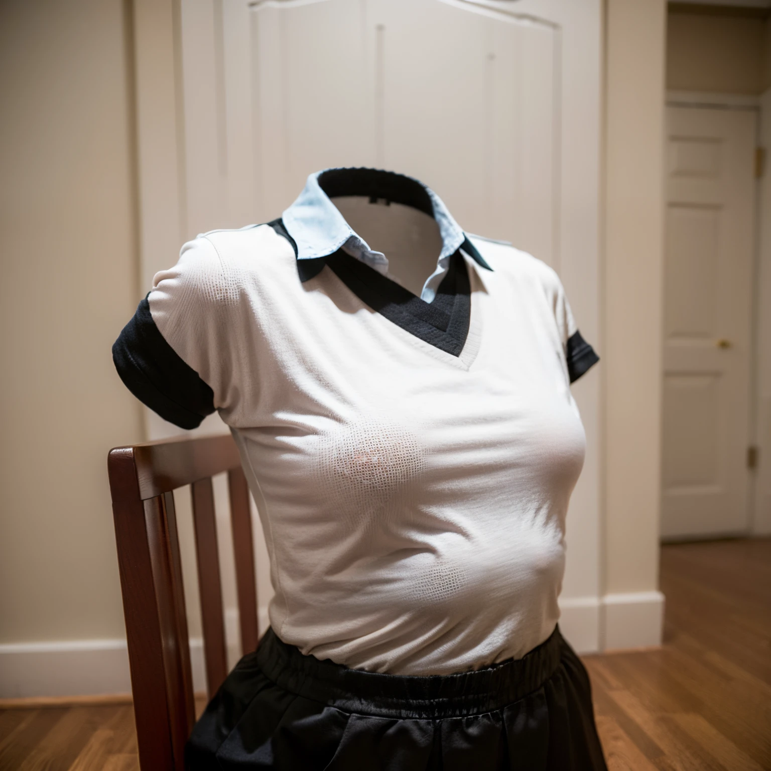 (chubby, fat), school uniform, in winter, black leggings, school tie, straddle the chair, (cute pose:1.3), (invisible, no humans, headless, faceless:1.5), (cute big breasts), (close-up shot of hip), (16k, RAW photo, best quality, masterpiece:1.3), (realistic, photo-realistic:1.37), photon mapping, radiosity, ((Hasselblad photography)), physically-based rendering