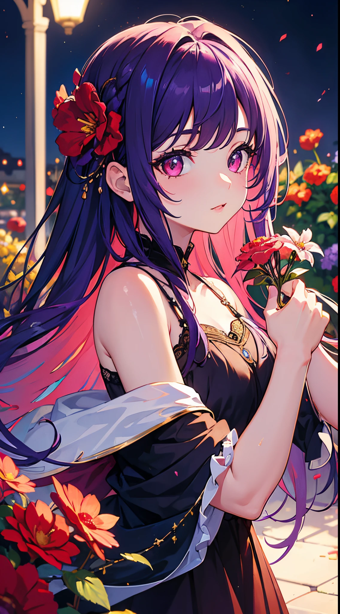 ((masterpiece)), (vibrant color), cute girl, (best quality), (ultra detailed), (sharp focus), (depth of field), (cinematic lighting), purple hair,long hair,beautiful face,beautiful eyes,detail_eyes,red eyes, a−line dress,off-shoulder,flower garden,night
