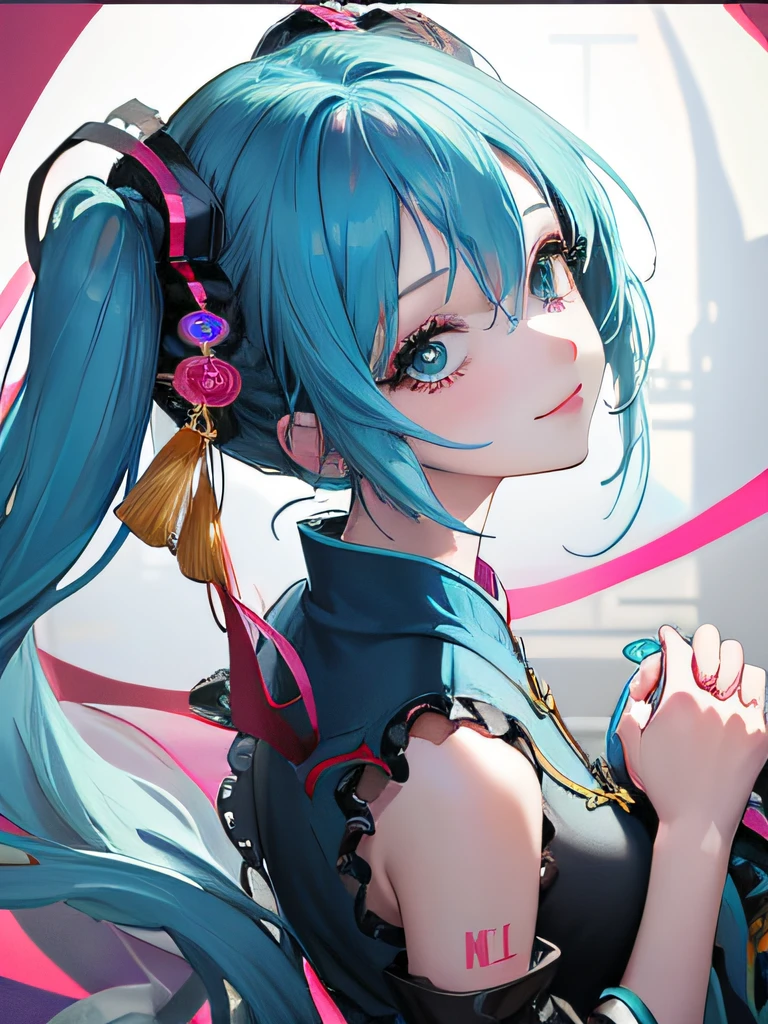 1 girl in、miku hatsune、blue hairs、length hair、up hair、chinese clothes、ta Fashion、Smile、neons