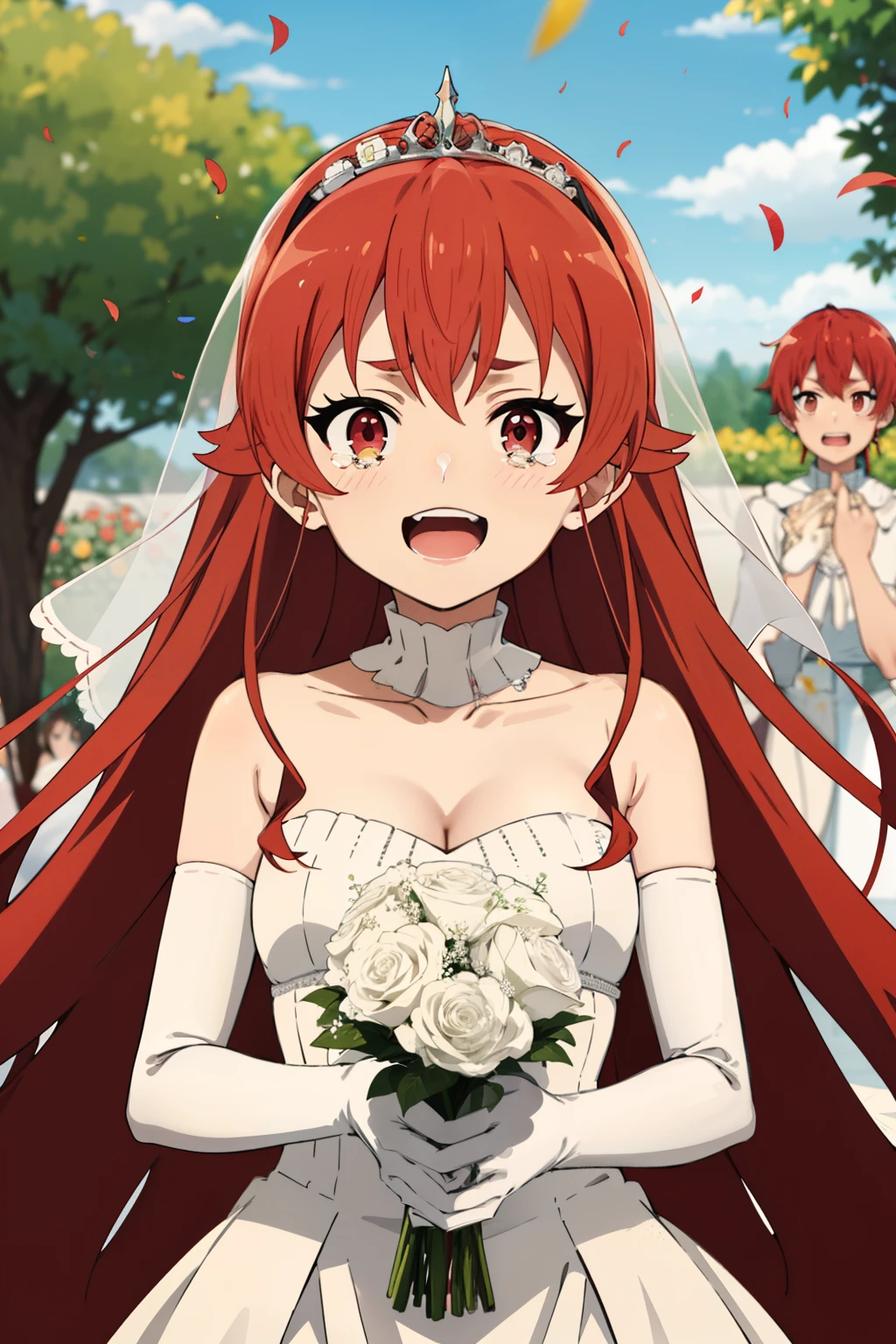 masterpiece, best quality, highres, aaichika,  tiara, bridal veil, necklace, cleavage, wedding dress, strapless dress, white dress, white gloves, elbow gloves, garden on background, smile, open mouth, tears, upper body, confetti, holding bouquet, bouquet, Long straight red hair, beautiful red eyes