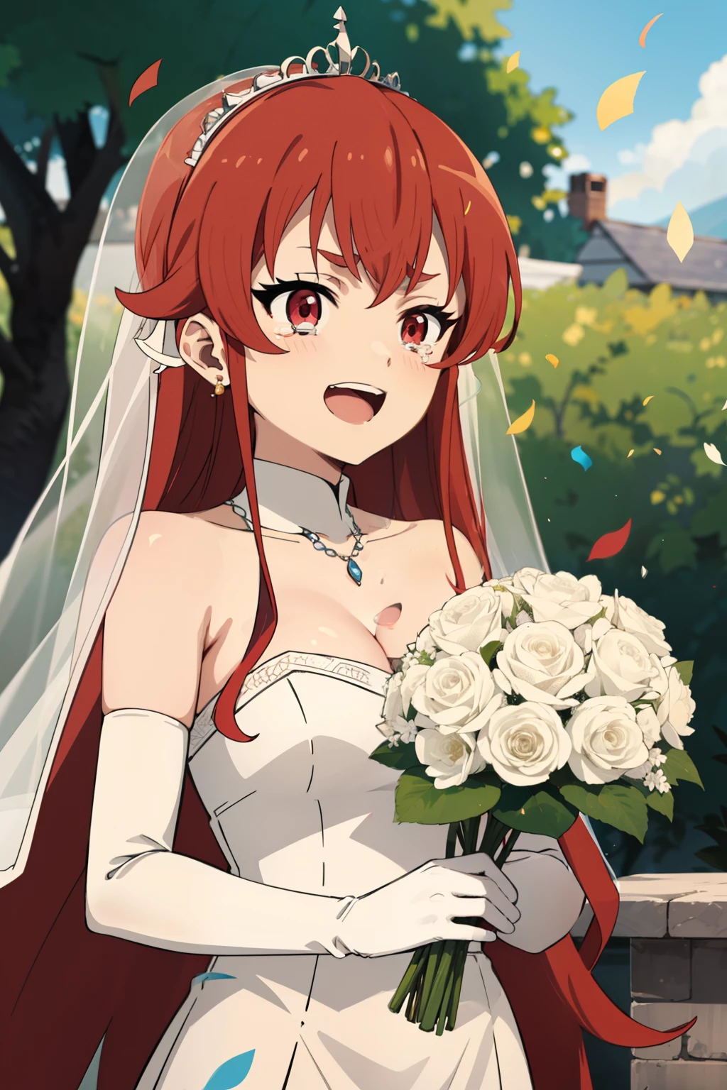 masterpiece, best quality, highres, aaichika,  tiara, bridal veil, necklace, cleavage, wedding dress, strapless dress, white dress, white gloves, elbow gloves, garden on background, smile, open mouth, tears, upper body, confetti, holding bouquet, bouquet, Long straight red hair, beautiful red eyes