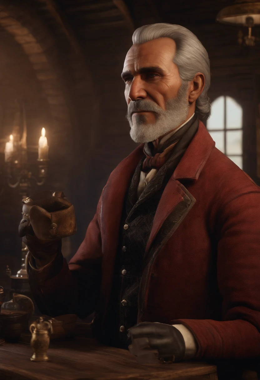 A photo of Hosea showcasing his antique collection of rare and valuable items from around the world.,Red Dead Redemption II, Hosea is a lean, elderly man with neat, silver hair cut short and a clean-shaven face.