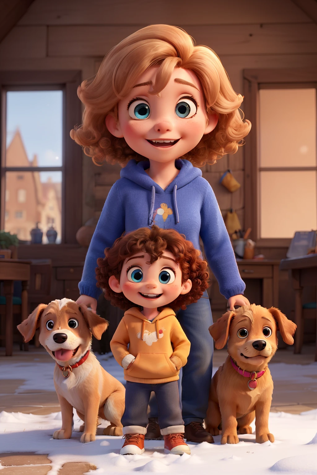 Portrait of three people - a women, and Dog.
Women has blond/copper curly shoulderlong Hair, wears a colorful Pullover, has blue eyes and a light Smile.
The two yvery short blond Hair, big brown eyes, is laughing and wears colorful clothes.
and the snowwhite dog has pointy ears.