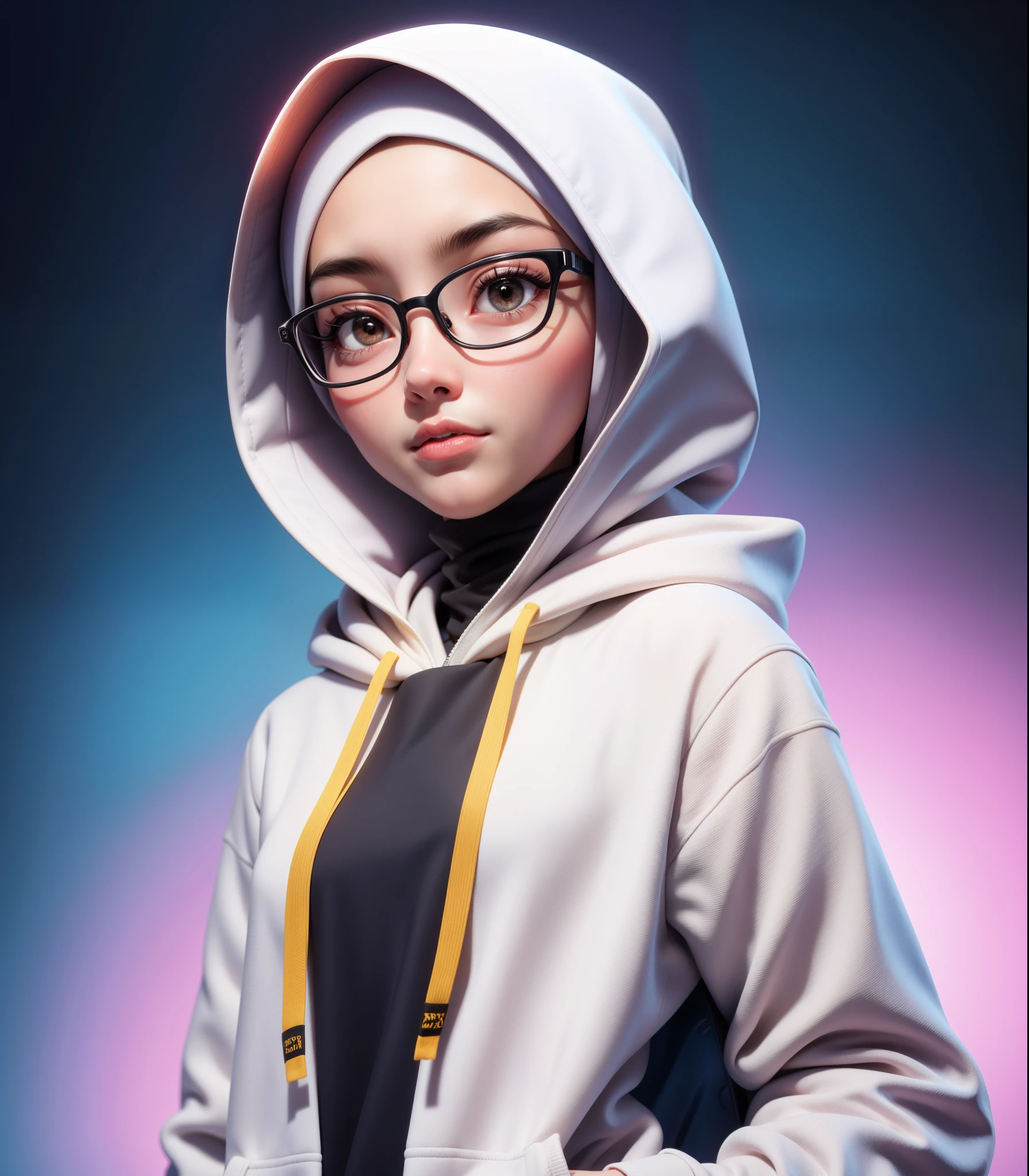 (tmasterpiece),(best qualtiy:1.0),(超高分辨率:1.0),A detailed illustration,8K,There is a woman hijab in glasses and white hoodie a looking at the camera, Very detailed anime style,the soft light。Q version, Q version, Q version