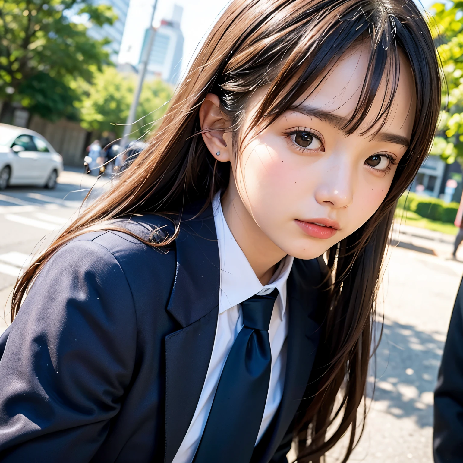 (masutepiece, Best Quality:1.2), 8K, Official art, Full body photo, full body Esbian、Back angle、turned around、cute butt、Suits、Embarrassing black hair、14years、small tits、Eyes closed、Deep sadness、Sorrow、look up sky、screeming、 unbelievable Ridiculous, (Upper body, Dark blue suit:1.4), Beautiful Girl, Pretty Face, arching back down, cute panty、Gold hair ornament on hair、Wearing a cute suit、close up, Wearing a suit, Short sleeve, gardenia, violaceaess, Teen, Street, Looking at Viewer, Film grain, chromatic abberation, Sharp Focus, face lights, Dynamic lighting, Cinematic lighting, Eyes and faces with detailed, Bokeh background, (Tie with Emma written on it、1 copy:1.2)
