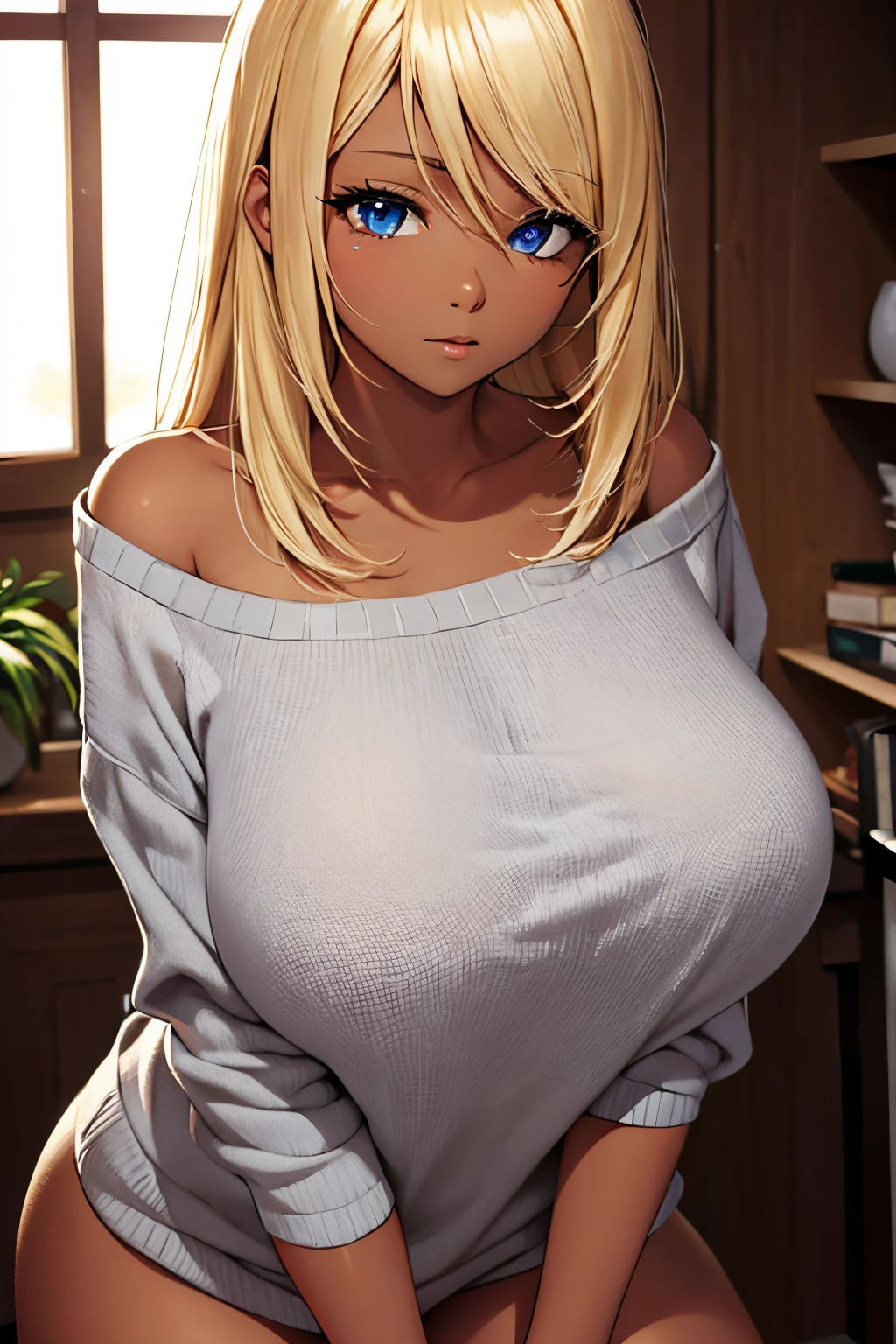 Beautiful girl with cute face, blonde, shoulder-length hair, dark skin, sweater, big breasts, side breasts, sexy