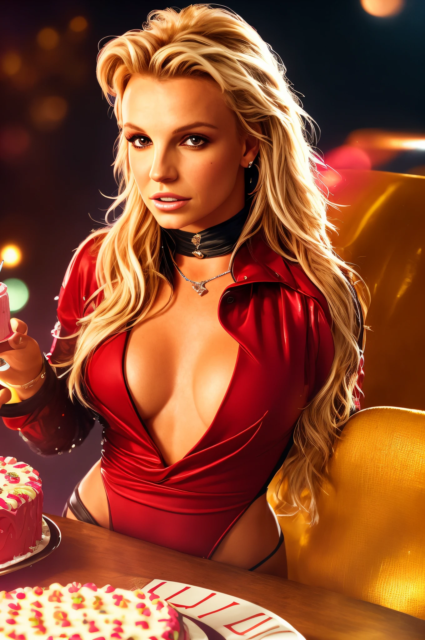 "Demanding, high-quality 4K texture features Britney Spears with a birthday cake on the table. impeccable in super detailed photo. Highlight for a beautiful hairstyle and a sumptuous and sensual red women's swimsuit. Luzes e brilho adicionam glamour neste contexto noturno, Perfectly expressed in crisp and stunning 8K image! ✨"