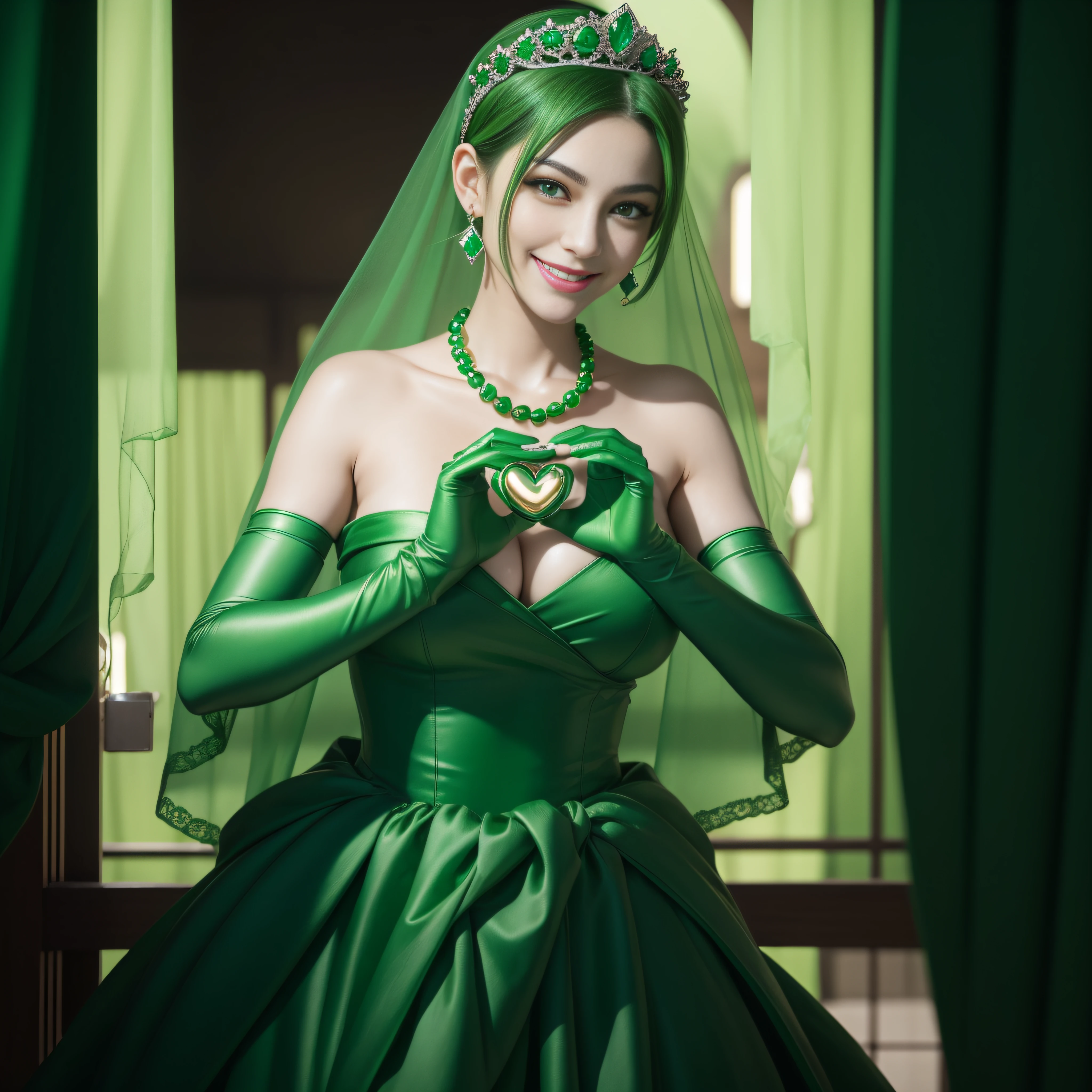 emerald tiara, Green Pearl Necklace, Boyish very short green hair, lipsticks, Japan woman smiling, very short short hair, big breasts beautiful, Green eyes, Long green gloves made of satin material, Green eyes, Emerald Earrings, green vale, Heart with both hands, Green hair