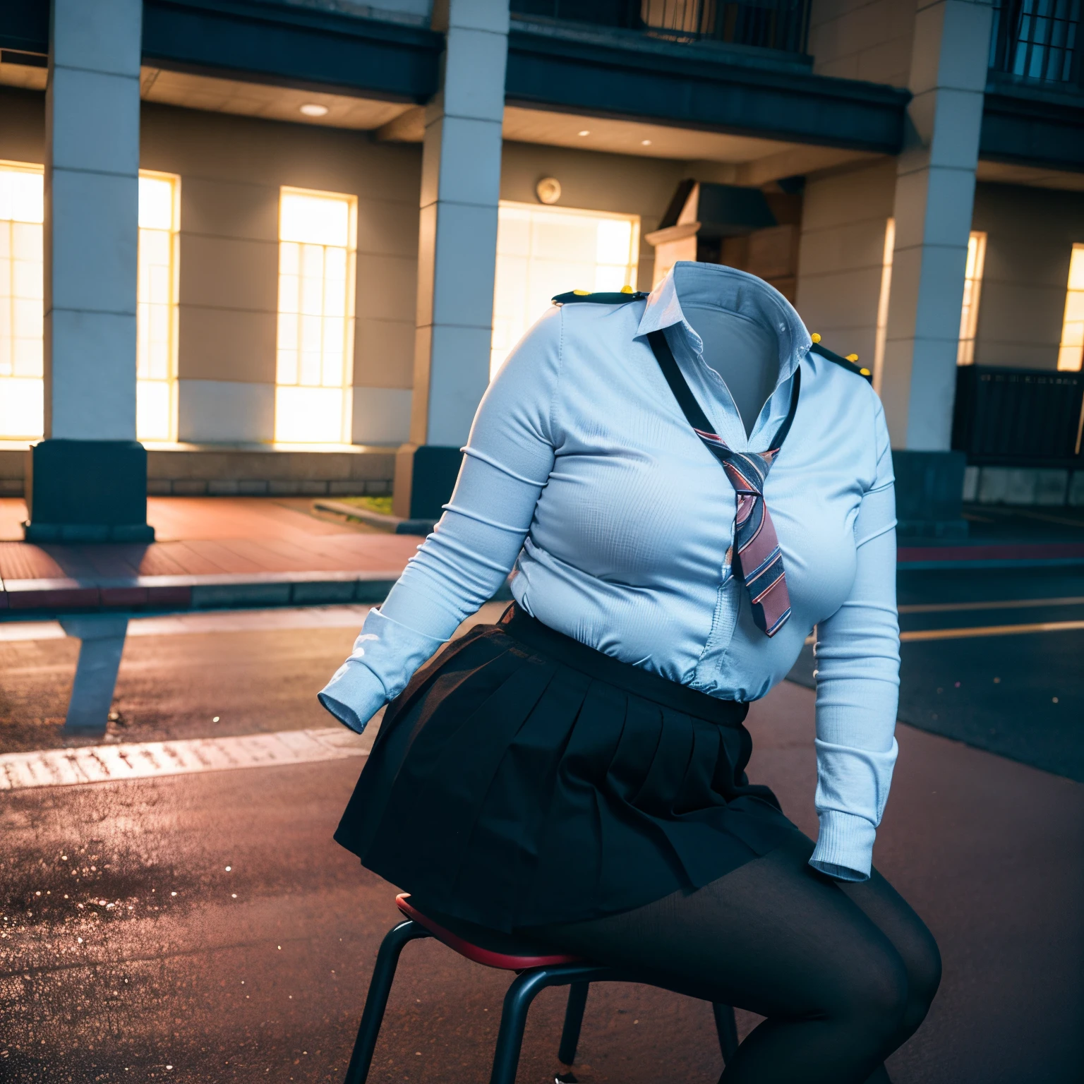 (chubby, fat), school uniform, in winter, black leggings, school tie, straddle the chair, smart phone in chest pocket, (cute pose:1.3), (invisible, no humans, headless, faceless:1.5), (cute big breasts), (close-up shot of hip), (16k, RAW photo, best quality, masterpiece:1.3), (realistic, photo-realistic:1.37), photon mapping, radiosity, ((Hasselblad photography)), physically-based rendering