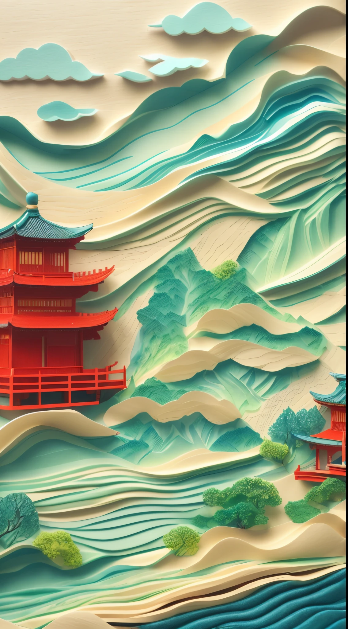 Paper cut close-up of green mountains,Paper cut close-up of blue river,Paper cut close-up of peach blossom tree,The art of layered paper, Pop Japaneseism 3D Super Detailed, artwork in style of sheng lam, White background,Landscape art detailed, intricate 3 d illustration, Chinese landscape, Multi-layered artwork, layered paper style, paper art, arte em papel cortado, high quality architectural art, landscape artwork, intricate scenery