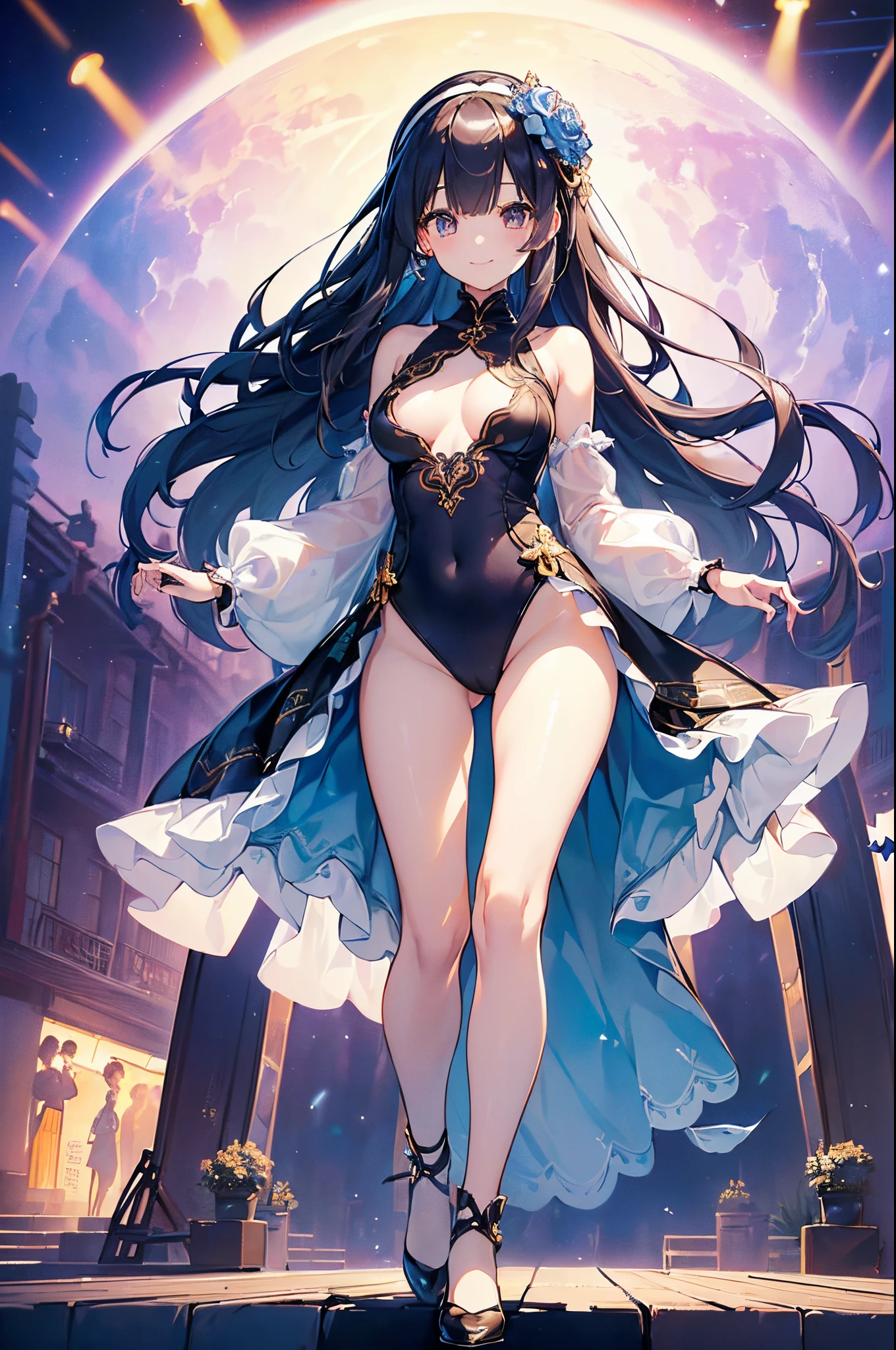 ((2D beautiful girl、top-quality:1.3、Perfect fingers:1.2、perfect anatomia:1.2、Dress perfectly、face perfect:1.1、Beautiful illustration))、(transform sequence)、((cute decorative headbands、Idol costume style leotard)、10yaers old、Solio、hime、Fractal Art、baby-face、((stright long hair))、(Slender and beautiful legs)、big drooping eyes、(full body photographed:1.1、Long Shot Photography)、((1 persons))、outdoor stage under blue sky、Happy smiling face、highleg