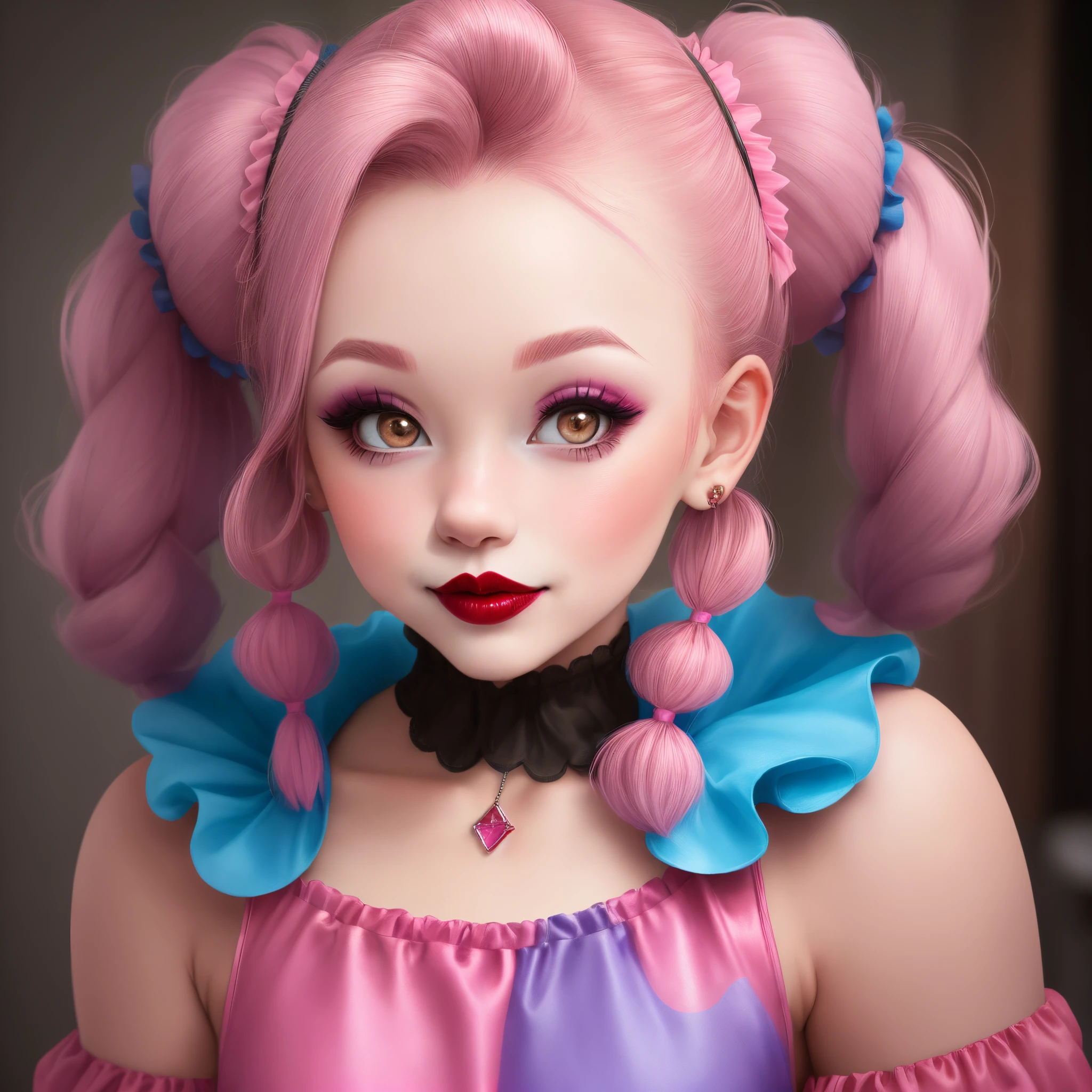 Preteen fairy goth Mila Kunis , very big breasts, pink hair, hair ribbon, very detailed, 8k highly detailed face, perfect face shape, perfect lips, perfect nose, correct beautiful eyes, watching viewer, masterpiece, best quality, single girl, no bra, no panties, solo