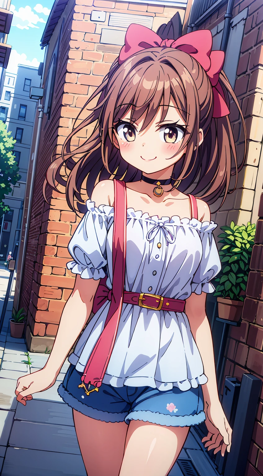 (Absurd realistic structure details),(High resolution complex and detailed text quality),(High-resolution microstructure high-poly 3D rendering correction),Methods of geometry,Careful explanatory anatomy,
BREAK,
1girl in, (Cute:1.5),(Chibi:0.5),(kawaii:2.0),(Lori:2.0),(7 girl),(Solo:1.65),BREAK, (flat chest:1.2,), Clear skin, Beautiful skin, Shy, One Beautiful Girl,(Hair Bow, reddish brown hair, Twin-tailed:1.2), (Brown eyes, long eyelashes, Double eyelids: 1.2), Shiny skin, gleaming skin,Clear skin, Beautiful skin,( A smile:1.5), Solo,gleaming skin, Clear skin, Beautiful skin(best quality face),(Top quality glowing eyes), BREAK (Pink Theme:1.4), (Vivid colors:1.3), (off shoulder shirt, White shirt, Puffy Short Sleeves:1.3), Belt bag,(Skirt, with floral pattern:1.2),tie,(lace-up boots:1.1),
BREAK,(early evening),Walking,a closed mouth,(architecture, building, Choker, city, Cityscape, Outdoors, potted plant,Street, Town:1.55), Waterfall,depth of fields,
BREAK,wakame,wakame,wakame,(Dynamic Angle:1.4),
BREAK,(Blurry background:1.3),(absurderes, hight resolution, Super Detail Art),cel shading,Clear Color, Lonely optical effect, Beautiful pictures, Bright glow, mystic atmosphere,(Close-up of girl:1.1), Mystical light particle effect,manga influence, clean line drawings,