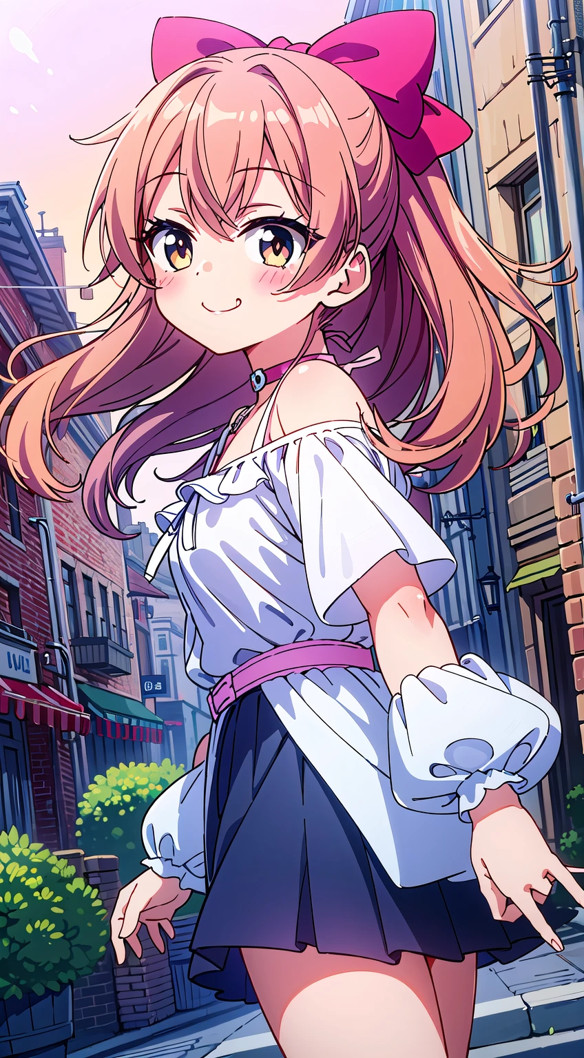 (Absurd realistic structure details),(High resolution complex and detailed text quality),(High-resolution microstructure high-poly 3D rendering correction),Methods of geometry,Careful explanatory anatomy,
BREAK,
1girl in, (Cute:1.5),(Chibi:0.5),(kawaii:2.0),(Lori:2.0),(7 year old girl),(Solo:1.65),BREAK, (flat chest:1.2,), Clear skin, Beautiful skin, Shy, One Beautiful Girl,(Hair Bow, reddish brown hair, Twin-tailed:1.2), (Brown eyes, long eyelashes, Double eyelids: 1.2), Shiny skin, gleaming skin,Clear skin, Beautiful skin,( A smile:1.5), Solo,gleaming skin, Clear skin, Beautiful skin(best quality face),(Top quality glowing eyes), BREAK (Pink Theme:1.4), (Vivid colors:1.3), (off shoulder shirt, White shirt, Puffy Short Sleeves:1.3), Belt bag,(Skirt, with floral pattern:1.2),tie,(lace-up boots:1.1),
BREAK,(early evening),Walking,a closed mouth,(architecture, building, Choker, city, Cityscape, Outdoors, potted plant,Street, Town:1.55), Waterfall,depth of fields,
BREAK,wakame,wakame,wakame,(Dynamic Angle:1.4),
BREAK,(Blurry background:1.3),(absurderes, hight resolution, Super Detail Art),cel shading,Clear Color, Lonely optical effect, Beautiful pictures, Bright glow, mystic atmosphere,(Close-up of girl:1.1), Mystical light particle effect,manga influence, clean line drawings,