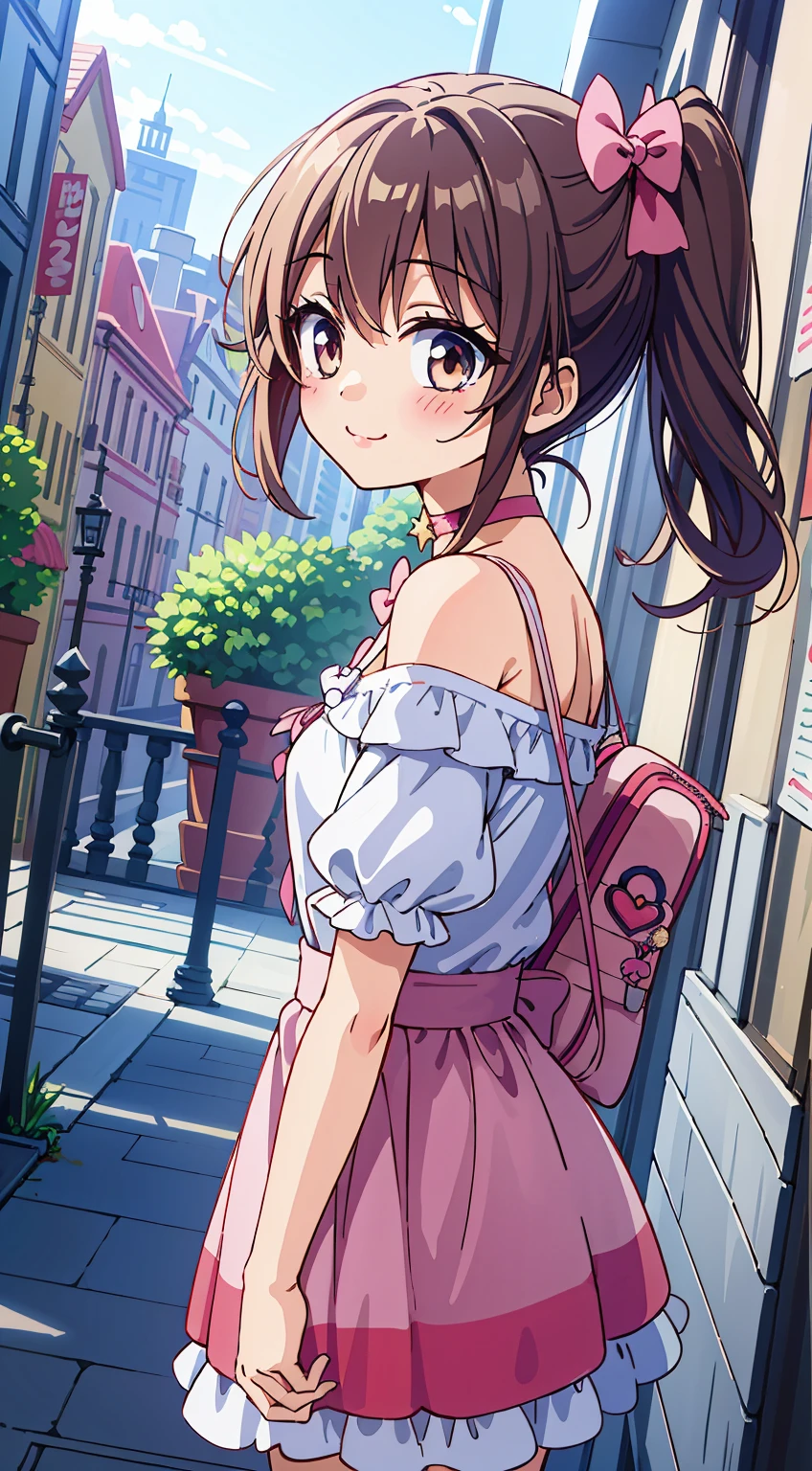 (Absurd realistic structure details),(High resolution complex and detailed text quality),(High-resolution microstructure high-poly 3D rendering correction),Methods of geometry,Careful explanatory anatomy,
BREAK,
1girl in, (Cute:1.5),(Chibi:0.5),(kawaii:2.0),(Lori:2.0),(7 girl),(Solo:1.65),BREAK, (flat chest:1.2,), Clear skin, Beautiful skin, Shy, One Beautiful Girl,(Hair Bow, reddish brown hair, Twin-tailed:1.2), (Brown eyes, long eyelashes, Double eyelids: 1.2), Shiny skin, gleaming skin,Clear skin, Beautiful skin,( A smile:1.5), Solo,gleaming skin, Clear skin, Beautiful skin(best quality face),(Top quality glowing eyes), BREAK (Pink Theme:1.4), (Vivid colors:1.3), (off shoulder shirt, White shirt, Puffy Short Sleeves:1.3), Belt bag,(Skirt, with floral pattern:1.2),tie,(lace-up boots:1.1),
BREAK,(early evening),Walking,a closed mouth,(architecture, building, Choker, city, Cityscape, Outdoors, potted plant,Street, Town:1.55), Waterfall,depth of fields,
BREAK,wakame,wakame,wakame,(Dynamic Angle:1.4),
BREAK,(Blurry background:1.3),(absurderes, hight resolution, Super Detail Art),cel shading,Clear Color, Lonely optical effect, Beautiful pictures, Bright glow, mystic atmosphere,(Close-up of girl:1.1), Mystical light particle effect,manga influence, clean line drawings,