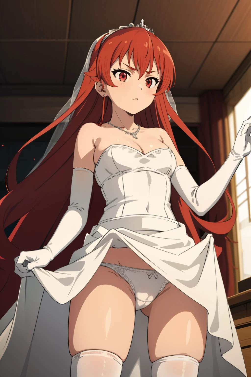 1girl, aaichika, tiara, bridal veil, necklace, cleavage, wedding dress, strapless dress, white dress, white gloves, elbow gloves, from below, skirt lift, white panties and sexy stockings, bare legs,, masterpiece, best quality, highly detailed, Long straight red hair, beautiful red eyes