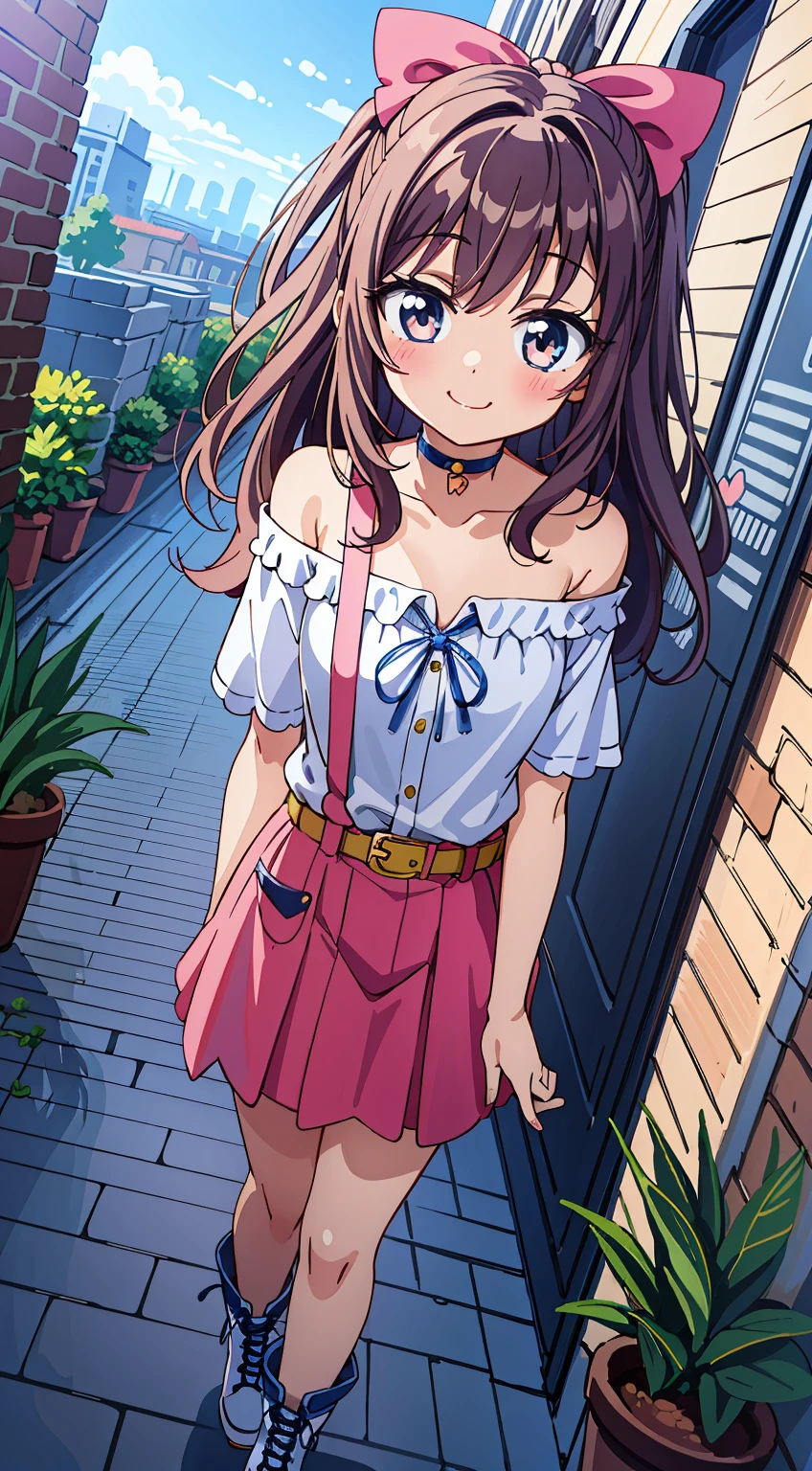 (Absurd realistic structure details),(High resolution complex and detailed text quality),(High-resolution microstructure high-poly 3D rendering correction),Methods of geometry,Careful explanatory anatomy, 

BREAK,



1girl in, (Cute:1.5),(Chibi:0.5),(kawaii:2.0),(Lori:2.0),(7  girl),(Solo:1.65),BREAK, (flat chest:1.2,), Clear skin, Beautiful skin, Shy, One Beautiful Girl,(Hair Bow, reddish brown hair, Twin-tailed:1.2), (Brown eyes, long eyelashes, Double eyelids: 1.2), Shiny skin, gleaming skin,Clear skin, Beautiful skin,( A smile:1.5), Solo,gleaming skin, Clear skin, Beautiful skin(best quality face),(Top quality glowing eyes),  BREAK (Pink Theme:1.4), (Vivid colors:1.3), (off shoulder shirt, White shirt, Puffy Short Sleeves:1.3), Belt bag,(Skirt, with floral pattern:1.2),tie,(lace-up boots:1.1), 

BREAK,(early evening),Walking,a closed mouth,(architecture, building, Choker, city, Cityscape, Outdoors, potted plant,Street, Town:1.55), Waterfall,depth of fields,

 BREAK,wakame,wakame,wakame,(Dynamic Angle:1.4), 

BREAK,(Blurry background:1.3),(absurderes, hight resolution, Super Detail Art),cel shading,Clear Color, Lonely optical effect, Beautiful pictures, Bright glow, mystic atmosphere,(Close-up of girl:1.1), Mystical light particle effect,manga influence, clean line drawings,