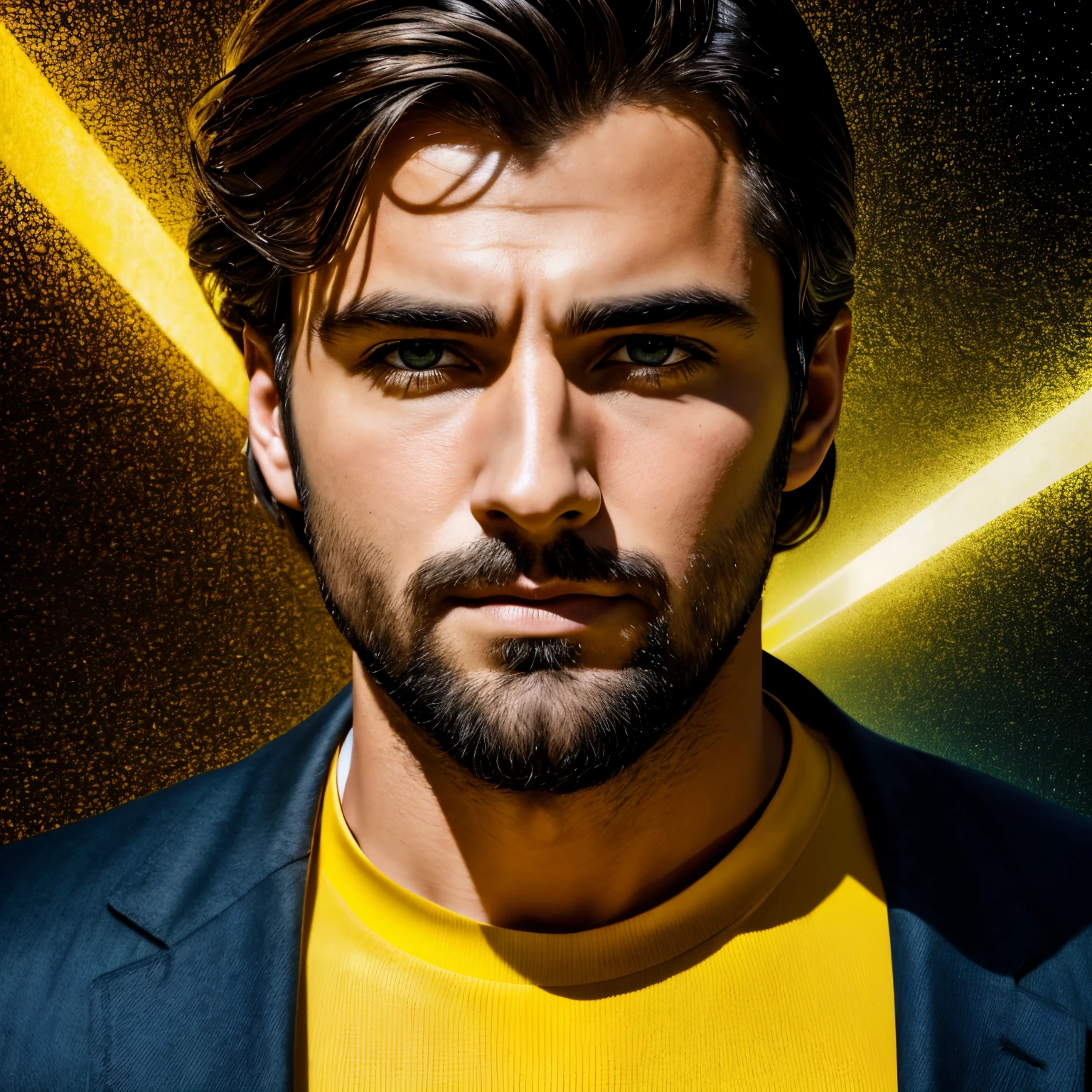 Insanely handsome man in the style of experimental photography, yellow, expanded portraiture, printed matter, uhd image, color light saturated, outdoor scene