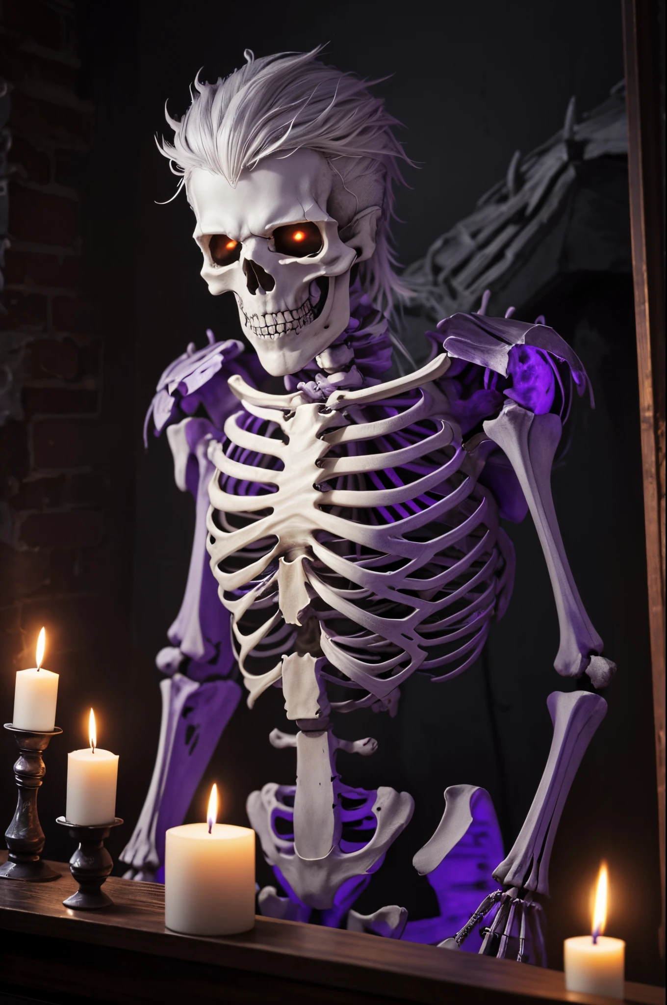 8K、Full body of a male skeleton in tattered armor in a dimly lit room(masterpiece)white hair,emits purple smoke from its body(purple glowing effect)the flesh of the body sag,The meat on my face is also falling apart.,the flesh of the body is rotting,frightening look、devil's skeleton(exact details of the skeleton)A space full of madness,There are many lit candles on the wall(Fire effect)There is a broken fireplace in a dimly lit room.,超A high resolution、super precision、A hyper-realistic、