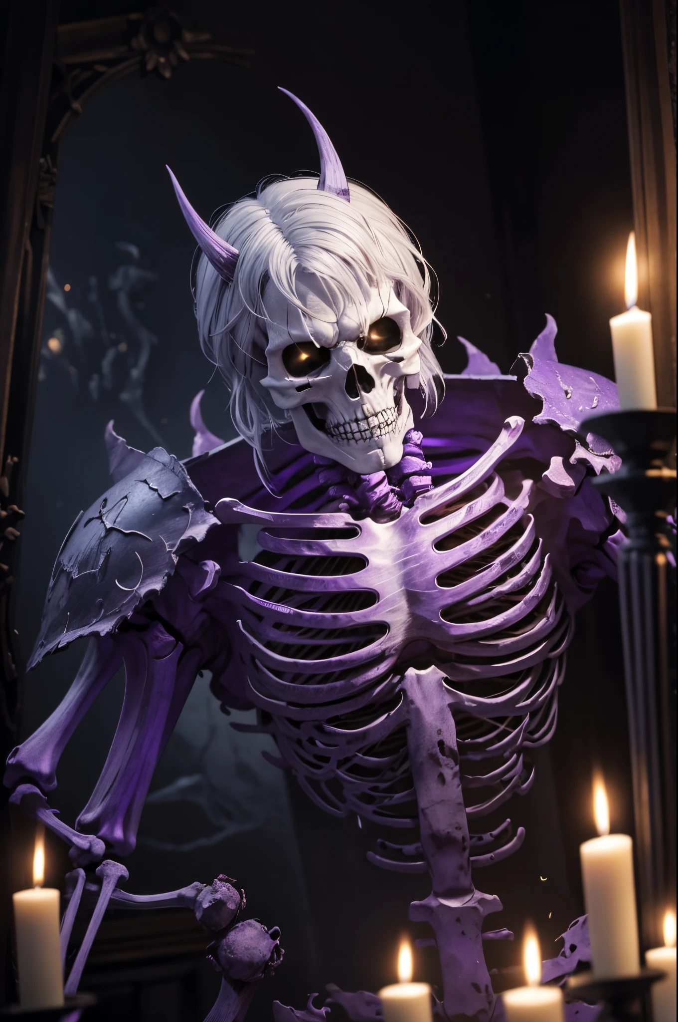 8K、There&#39;s a skeleton in tattered armor in a dimly lit room。(​masterpiece)With a sword and shield、emits purple smoke from its body,frightening look、devil&#39;s skeleton(exact details of the skeleton)A space full of madness,There are many lit candles on the wall(Fire effect)There is a broken fireplace in a dimly lit room.,超A high resolution、super precision、A hyper-realistic、