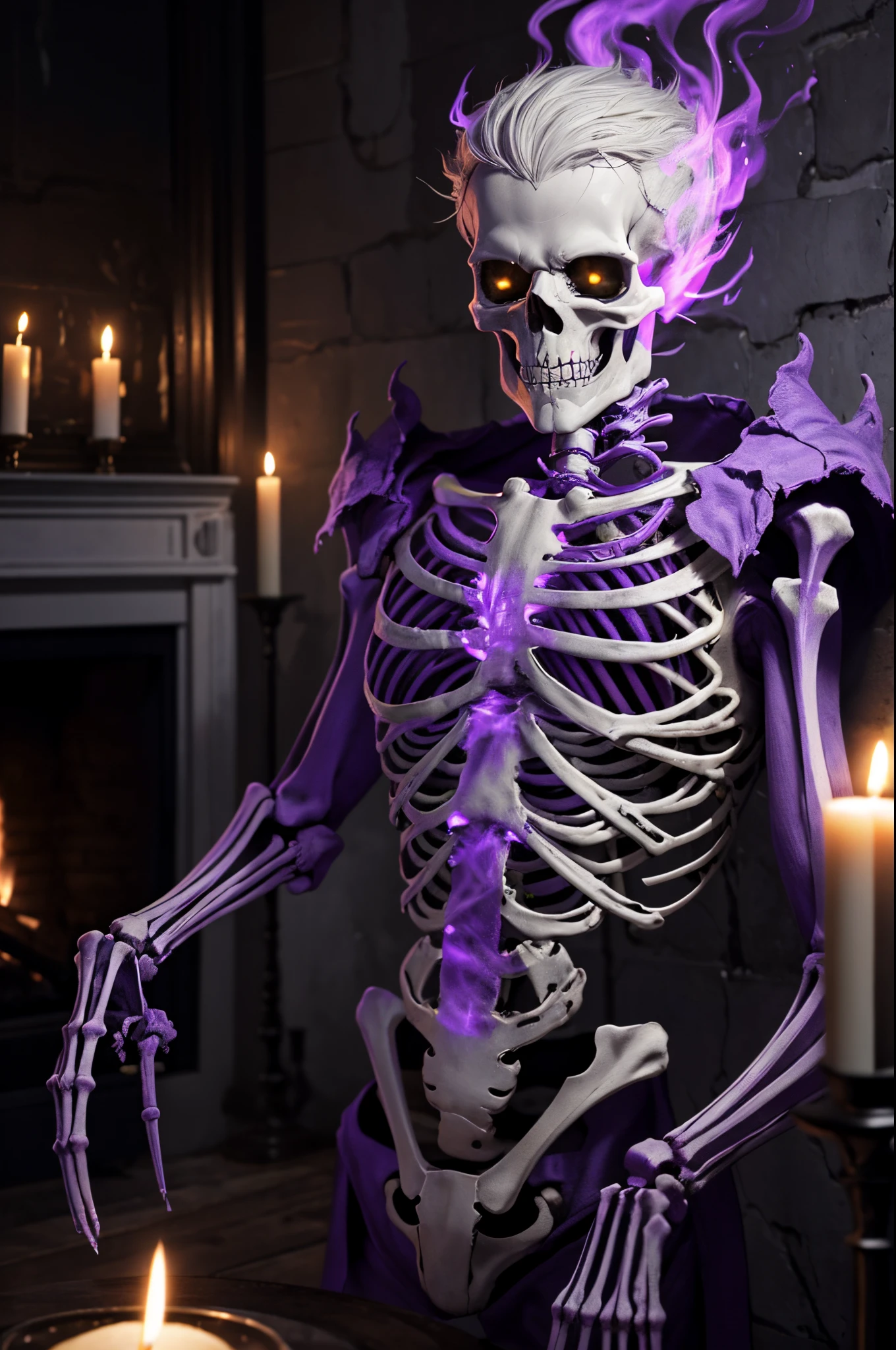 8K、Full body of a male skeleton in tattered armor in a dimly lit room(​masterpiece)white  hair,emits purple smoke from its body(purple glowing effect)the flesh of the body sag,The meat on my face is also falling apart.,the flesh of the body is rotting,frightening look、devil&#39;s skeleton(exact details of the skeleton)A space full of madness,There are many lit candles on the wall(Fire effect)There is a broken fireplace in a dimly lit room.,超A high resolution、super precision、A hyper-realistic、