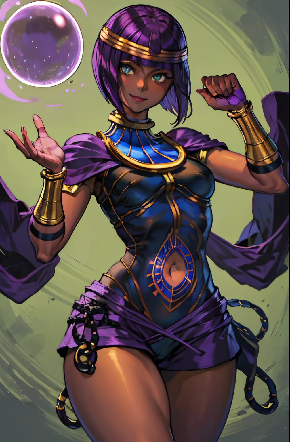 ​masterpiece, top-quality, Street Fighter V,Menat,1 girl in, Bright smile, Dark skin, verd s eyes, egypician, bob cuts, body suit, shortpants, thighs thighs thighs thighs, circlet, navel cutout, purple shawl,