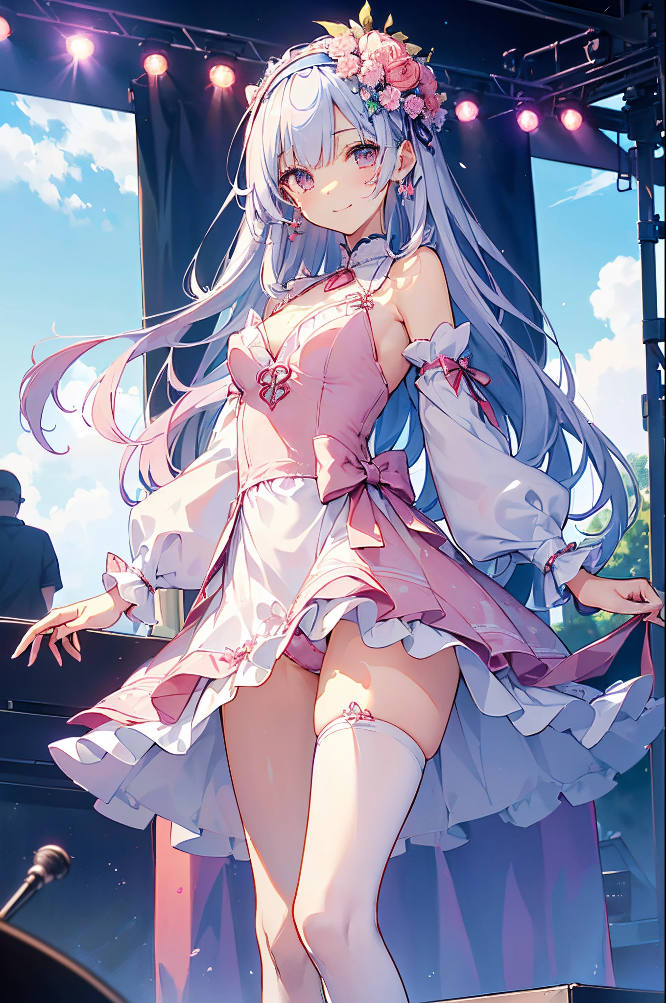 ((2D beautiful girl、top-quality:1.3、Perfect fingers:1.2、perfect anatomia:1.2、Dress perfectly、face perfect:1.1、Beautiful illustration))、(transform sequence)、((cute decorative headbands、White and pink idol costume leotard)、ers old、Solio、hime、Fractal Art、babye、((sht long hair))、(Slender and beautiful legs)、big drooping eyes、(full body photographed:1.1、Long Shot Photography)、((1 persons))、suns、outdoor stage under blue sky、Happy smiling face、highleg